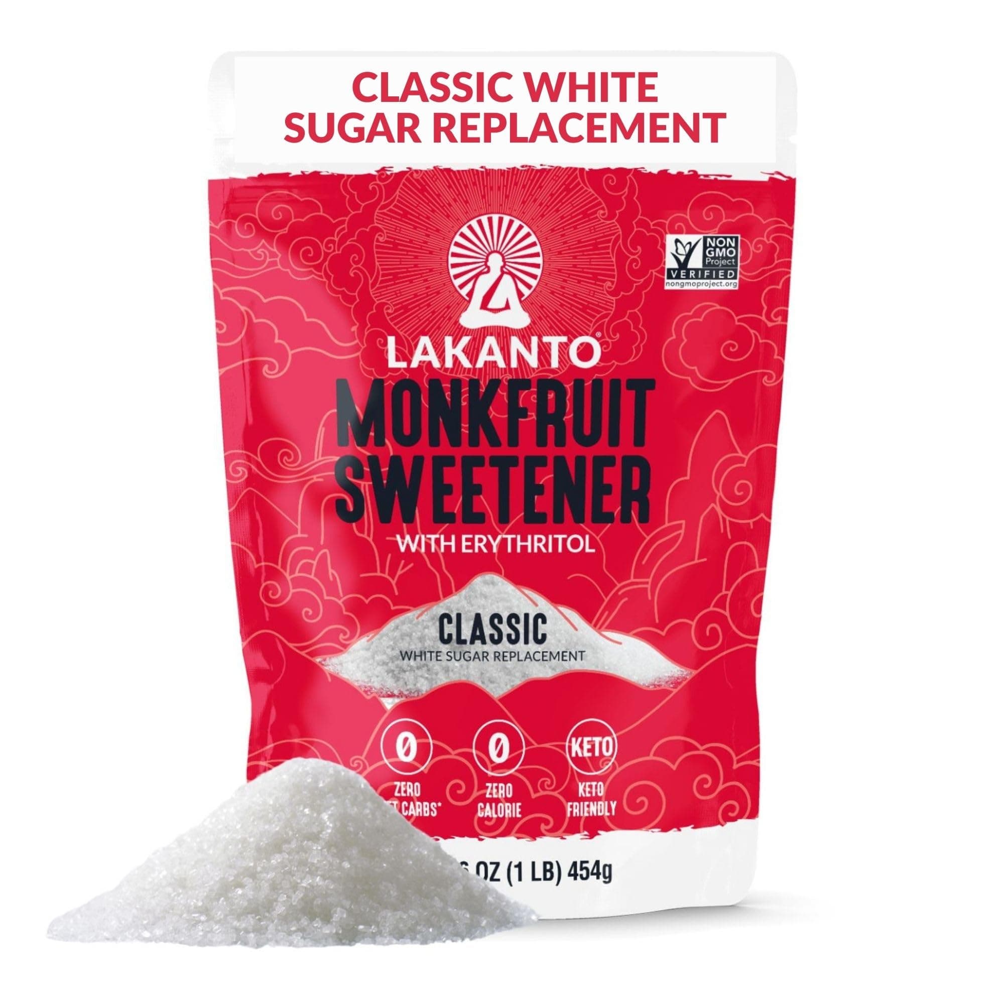 Monk Fruit Sweetener With Erythritol, White Sugar Substitute From Monk Fruit Extract, Classic White Sugar Replacement for Baking, Coffee & Tea, Gluten Free, Low Carb, Non GMO, Keto, 1 LB Bag