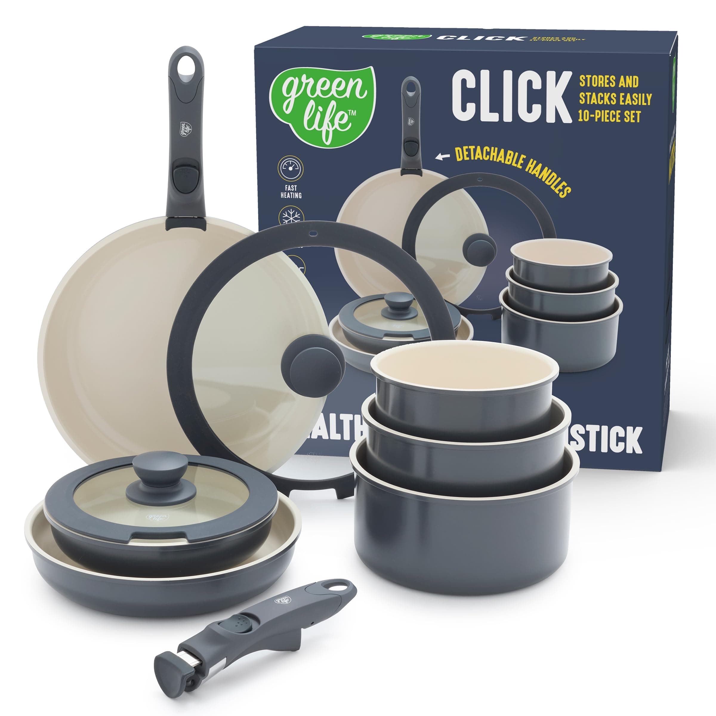 GreenLife 10 Piece Nonstick Pots & Pans Set, Detachable Handle & Stackable Cookware Set, Non Toxic PFAS-Free Skillets, Induction Kitchen Pans, Space Saving, Serving Bowls, Oven Safe, Graphite