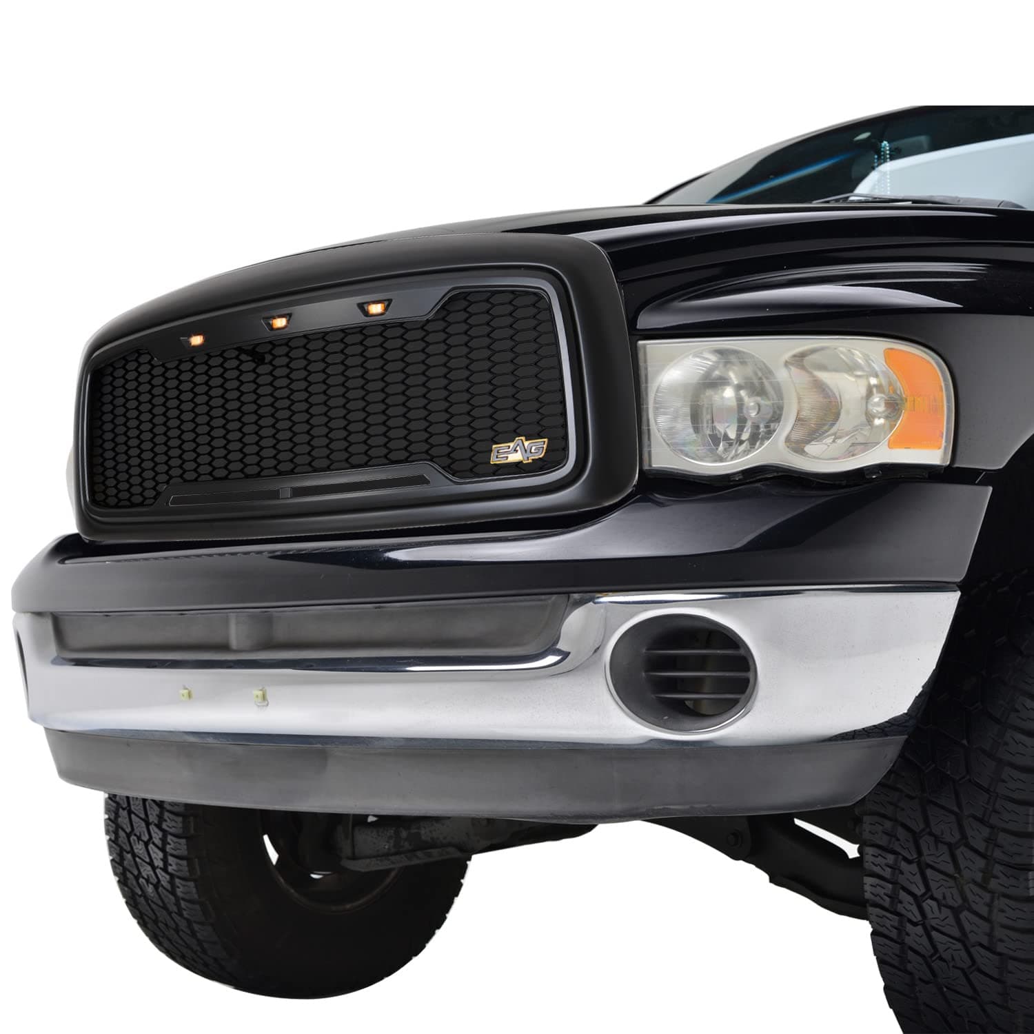 EAG Replacement ABS Upper Grille LED Front Grill - Matte Black - with Amber LED Lights Fit for 02-05 Ram 1500/2500