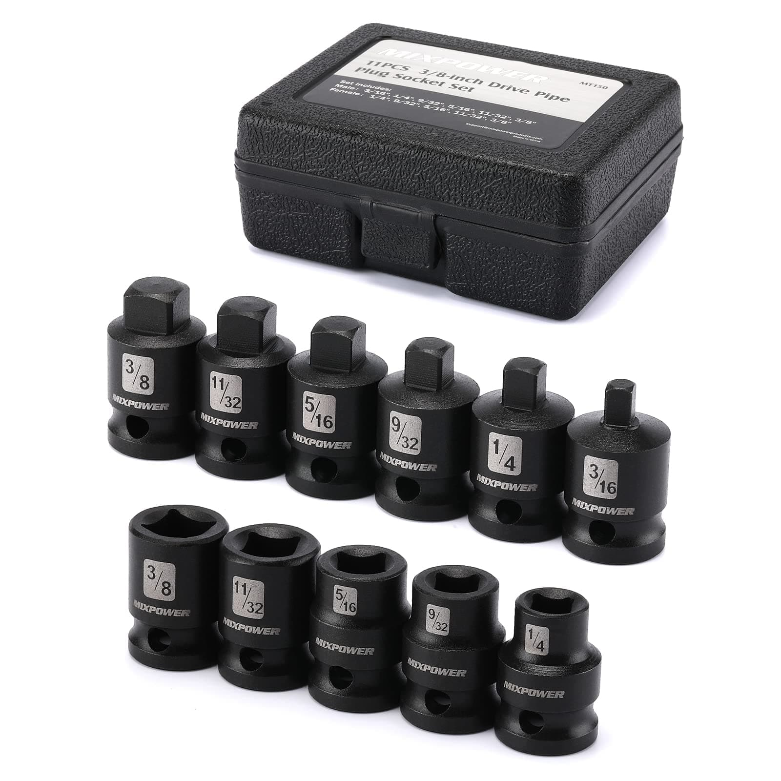 11 Pieces 3/8-inch Drive Pipe Plug Socket Set, SAE, CR-MO, Tapered Male Square Drive, Chamfered Female Square Drive
