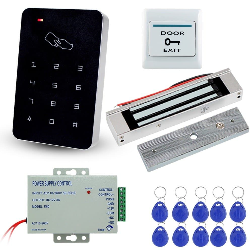 Stand-Alone Door Access Control System Kit Set with 180kg/350lbs Electric Magnetic Lock, DC12V/3A Power Supply, Door Exit Release Button, 10pcs RFID EM ID Keyfobs