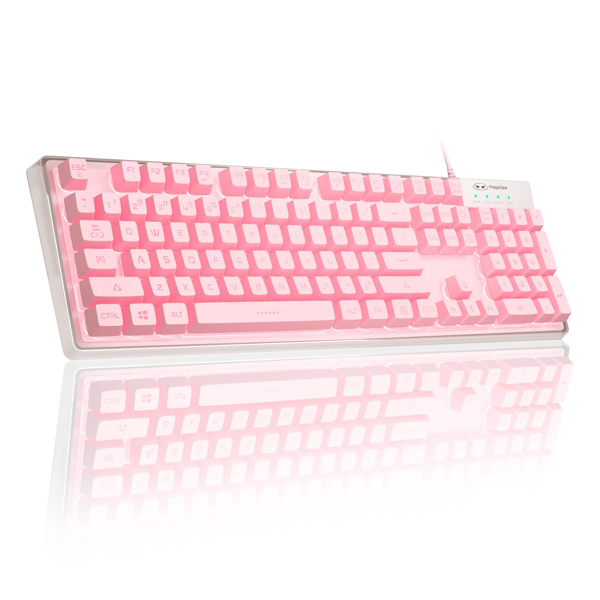 MageGee Gaming Keyboard, 7 Solid Colors Backlit Wired Gaming Keyboard with Clear Housing and Double-Shot Keycaps, K1 Waterproof Ergonomic 104 Keys Light Up Keyboard for PC Desktop Laptop, Pink