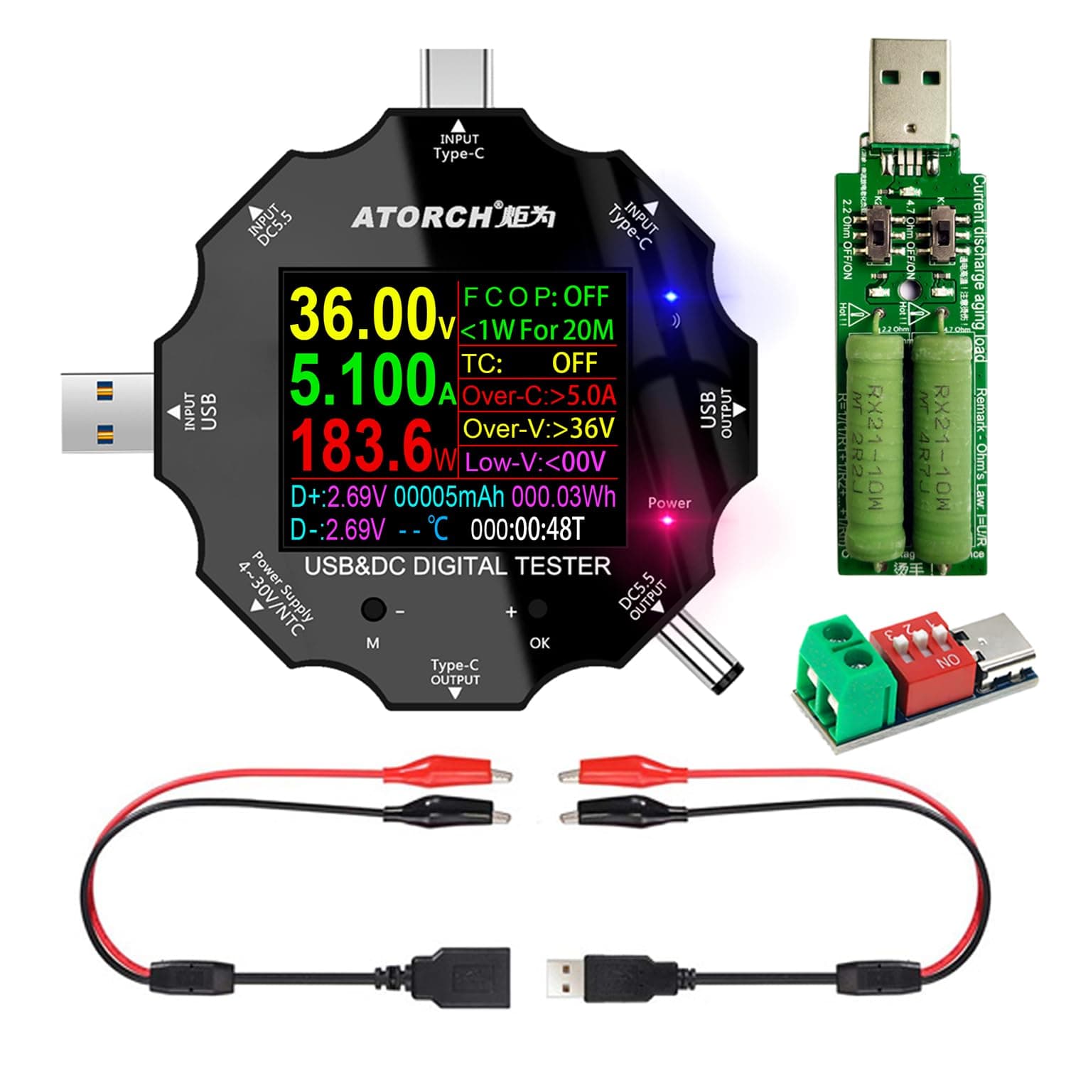 USB C Tester, 3 in 1 Type C DC5.5 USB Meter USB Load Color Screen IPS Digital Multimeter,Voltage,Current,Power,Resistance,Capacity Detector,with Clip Cable Support PD2.0/PD3.0,QC2.0/QC3.0