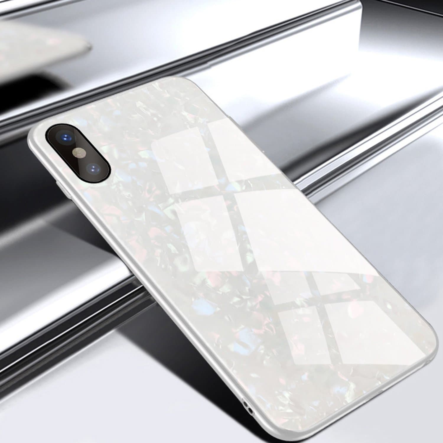 GIZEE Phone Case Compatible with iPhone Xs Max 6.5 Inch, Luxury Glitter Bling 9H Tempered Glass Back Cover Soft TPU Bumper Frame Protecive Case (White)