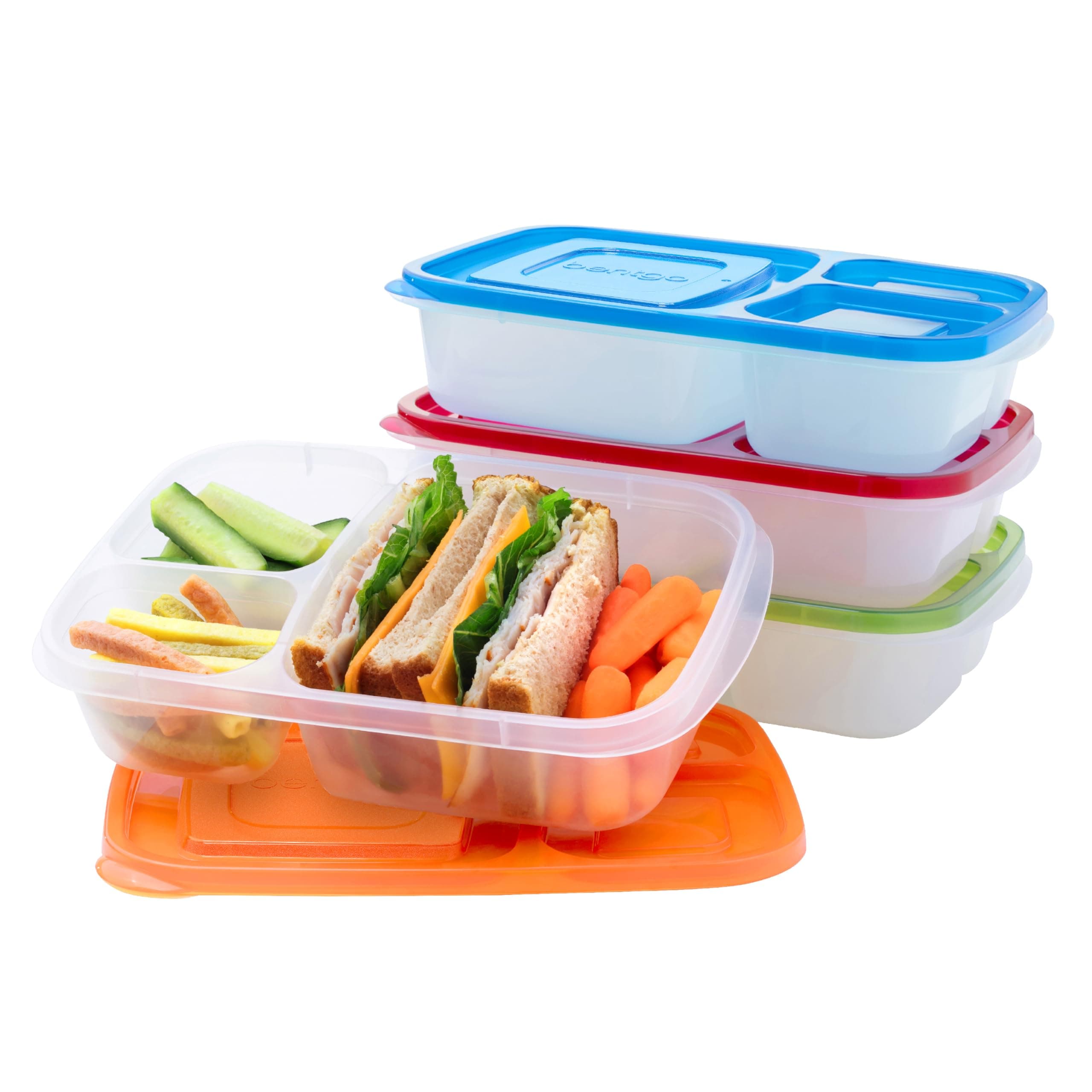 Easyboxes - Original Stackable Lunch Boxes - Reusable 3-Compartment Food Containers for Kids and Adults - Bento Lunch Box for Meal Prep, School, & Work - BPA Free, Set of 4 (Classic)