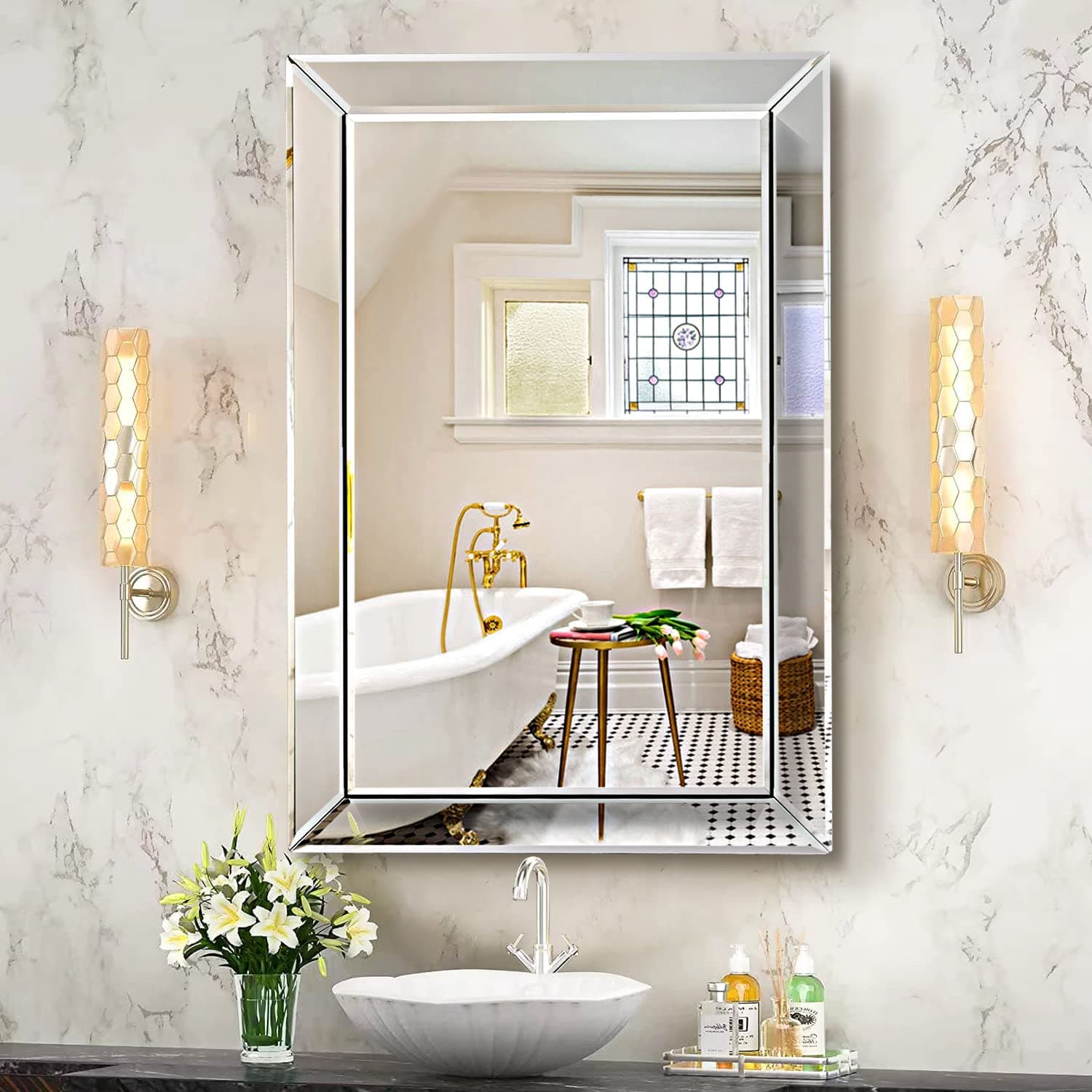 Pregaspor Wall Mirror for Bathroom, 24" x 36" Rectangular Frameless Vanity Mirror, Polished Beveled for Over Sink