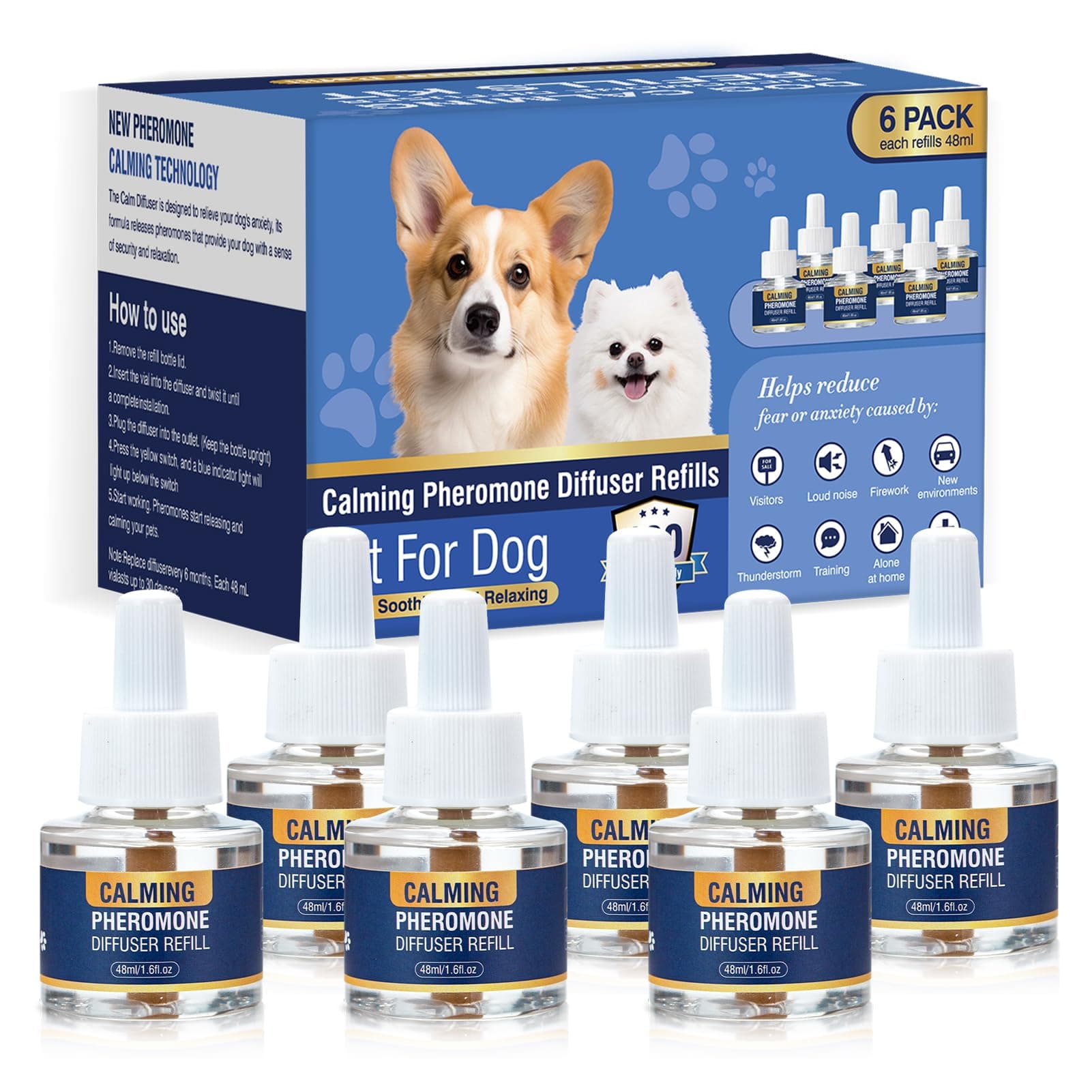 Dog Calming Diffuser Refills 6 Pack Pheromone Appeasing Pet Pheromones Refill 48ml to Calm for Anxiety Relief Reduce Aggression Stress Fighting Barking Fit Common Diffusers Plug in 180 Day(Tasteless)