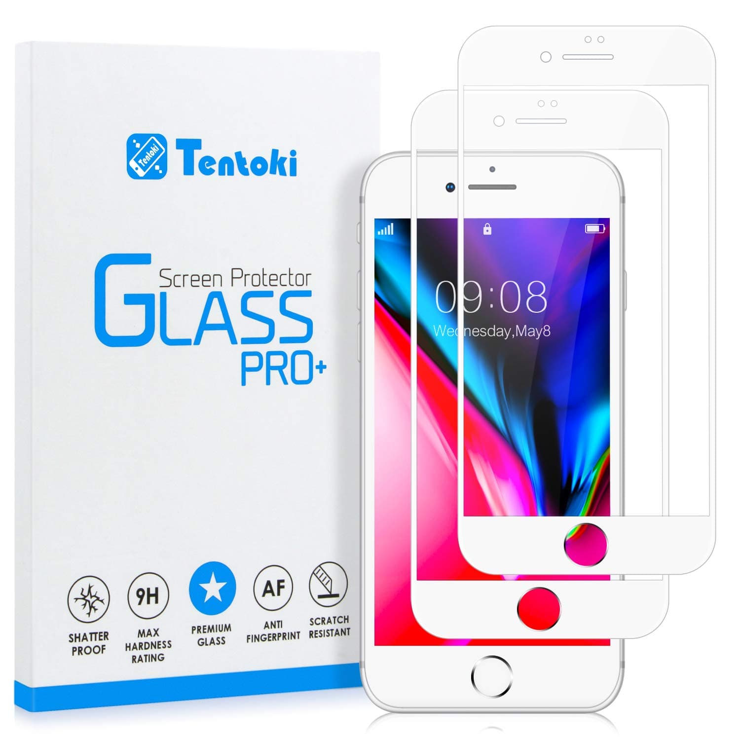 Tentoki iPhone 7/8 Screen Protector, [2 Pack] HD Full Coverage Tempered Glass Screen Protector, Anti-Scratch, Edge to Edge Protection Screen Film for iPhone 7/8 - White