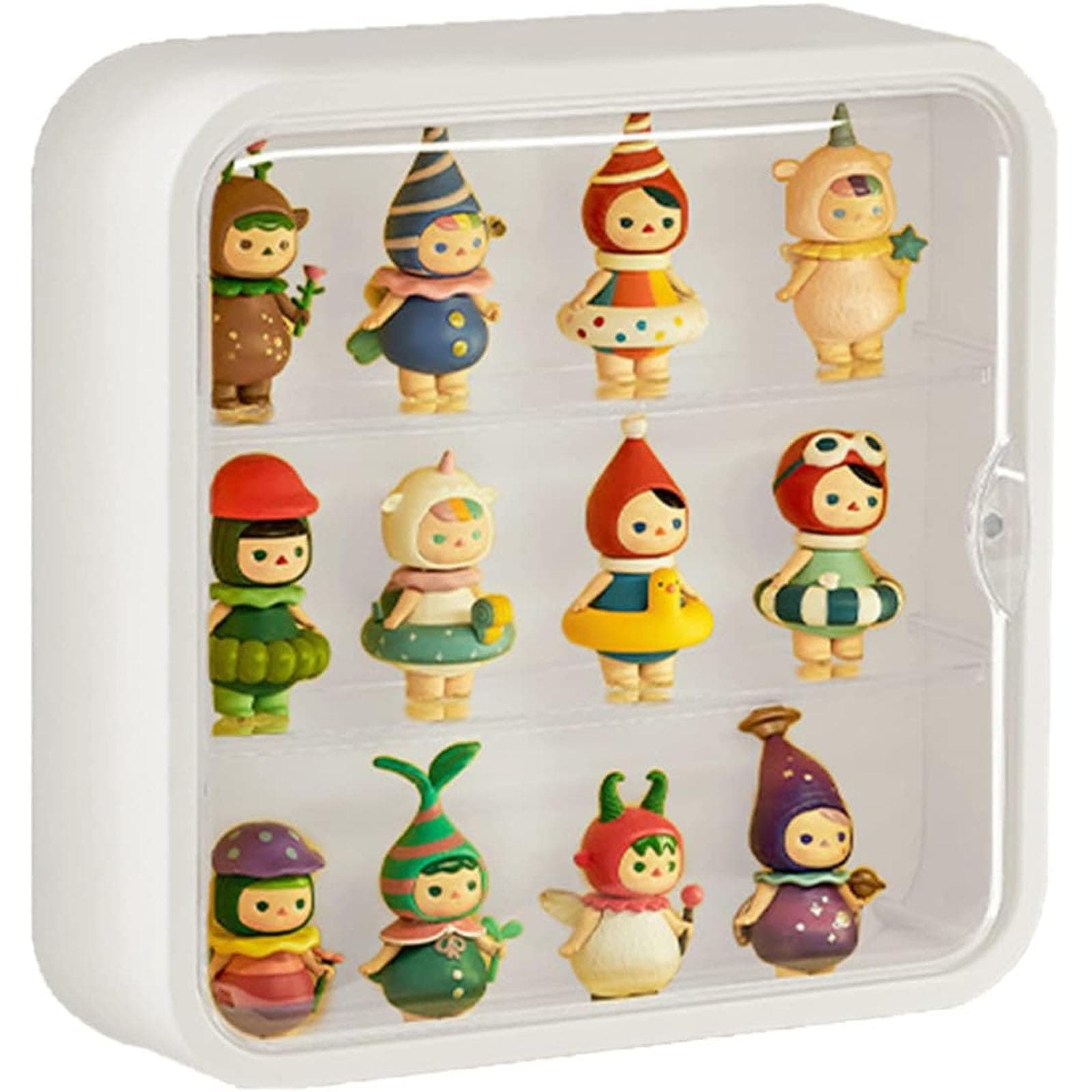 Tazweeq Clear Display Case for Figures, Wall Mounted Figurine Storage Box, Clear Acrylic Display Box with Door, 3 Tier Dust Proof Figurine Storage Box for Lego, Collectibles, Figurine Storage, White