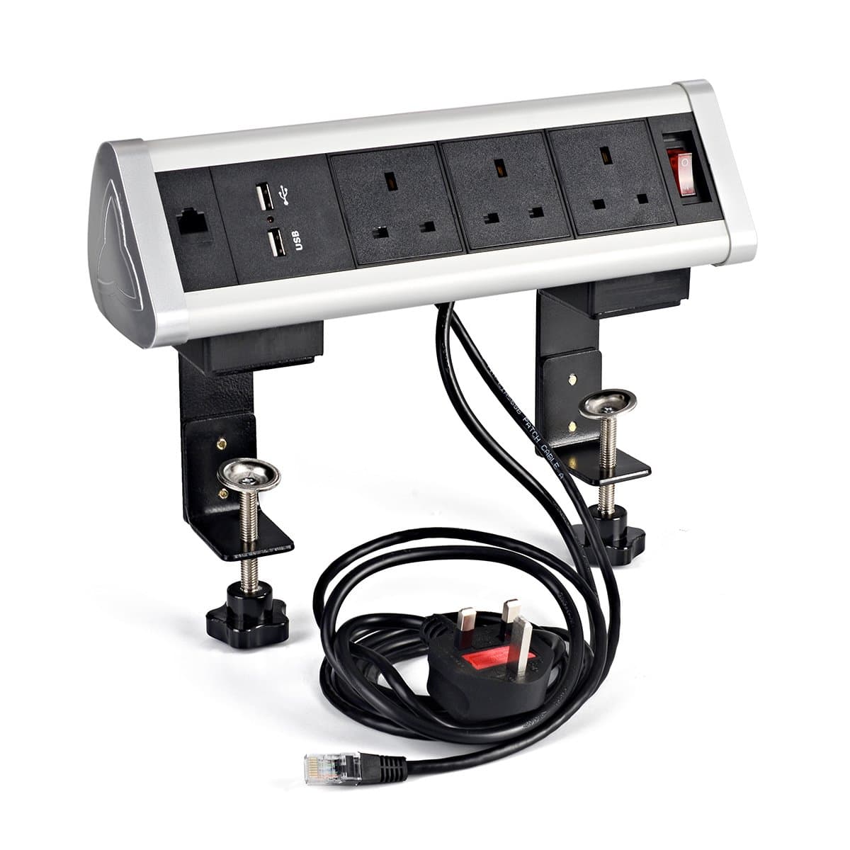 Removable Triangle Desktop Socket, gadgetpark Table Outlet with 3 UK Power, 2 USB Charger,1 RJ45 Port and 1 Power Switch for Hotel/Office/Home(Silver)