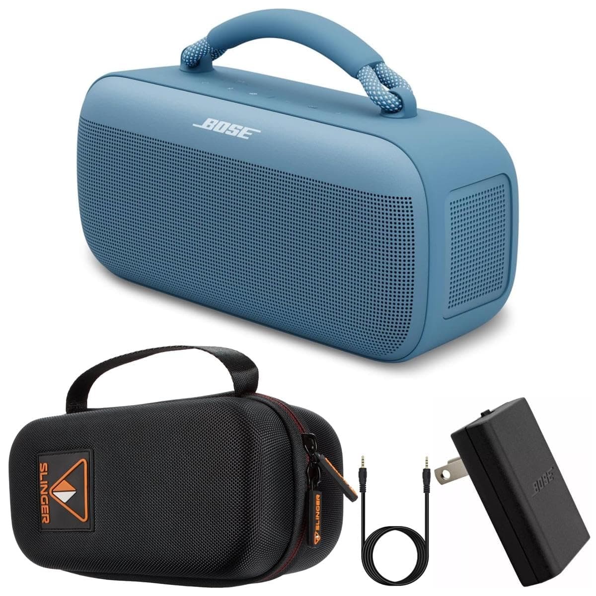 SoundLink Max Portable Speaker, Large Waterproof Bluetooth Speaker, Up to 20 Hours of Battery Life, USB-C, Built-in 3.5mm AUX Input, + Hard Shell Travel Case + AUX Cable (Blue Dusk)