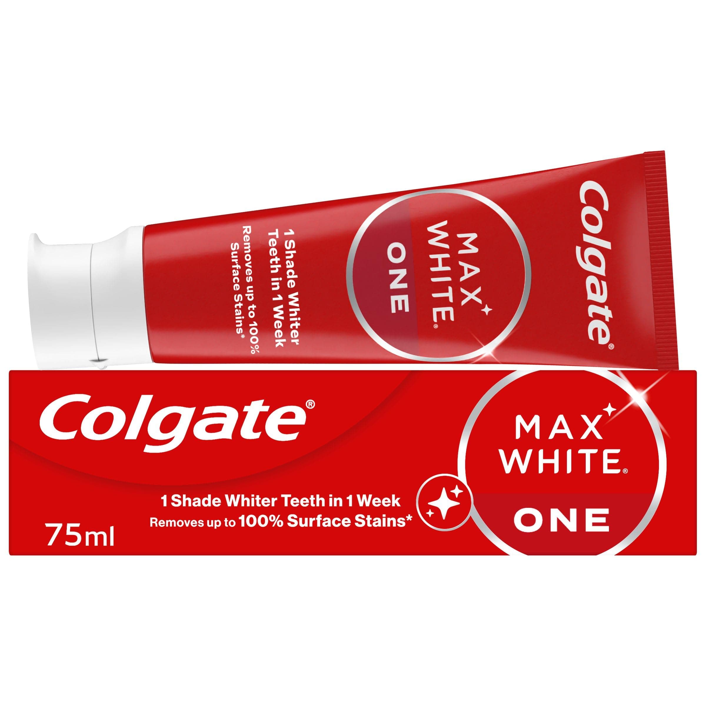 Colgate Max White One Toothpaste 75ml - teeth whitening toothpaste - clinically proven formula - removes up to 100% of surface stains - contains whitening accelerators - 1 shade whiter in 1 week