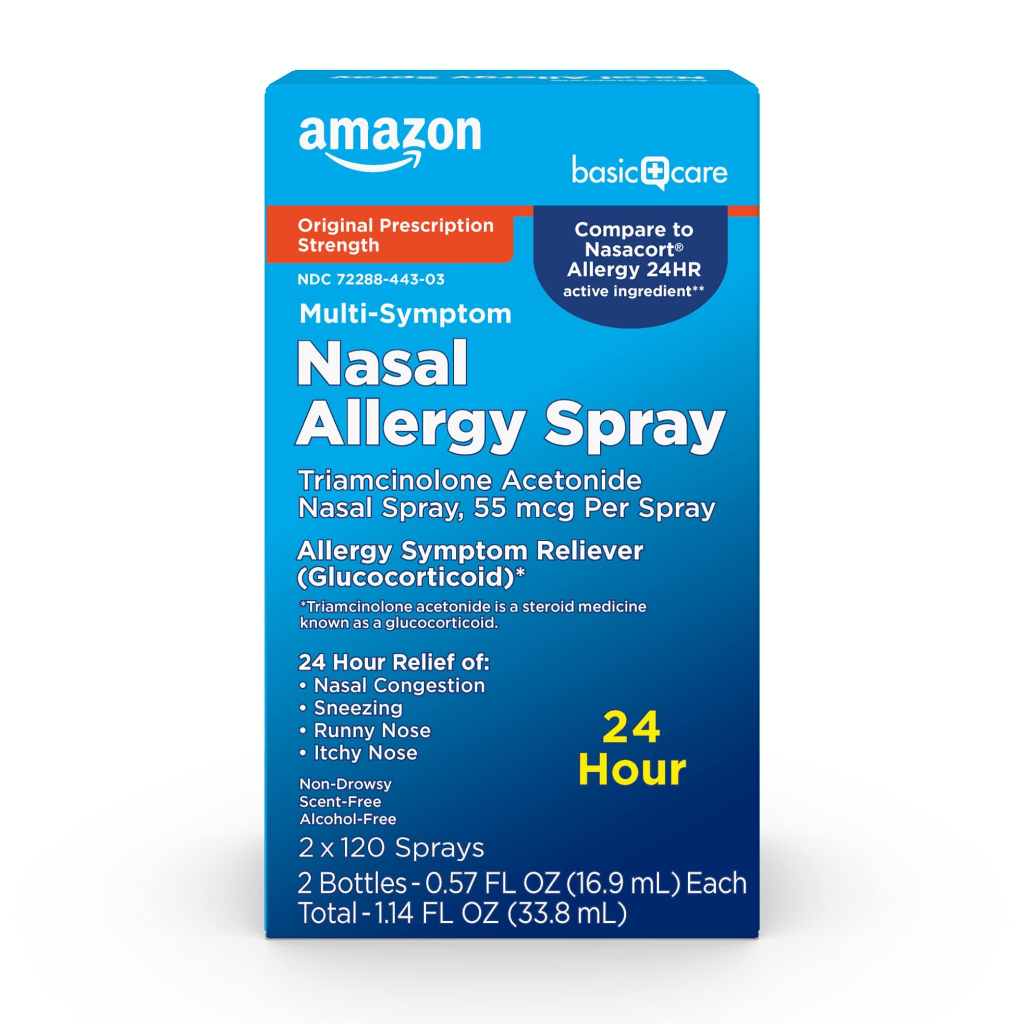 Amazon Basic Care Multi-Symptom Triamcinolone Acetonide Nasal Allergy Spray, 24-Hour Non-Drowsy Allergy Relief, 55 mcg, 0.57 fl oz (2-Pack)