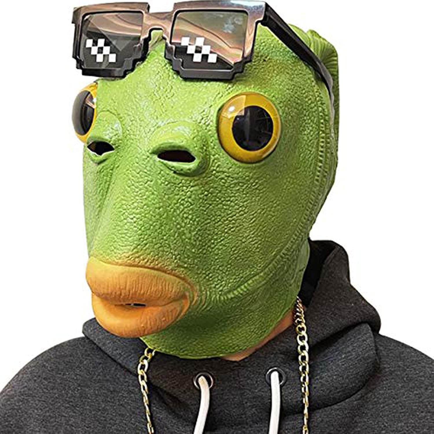 Green Fish Mask for Adult, Realistic Latex Full Head Funny Costume for Halloween Carnival Party Animal Cosplay Prop.