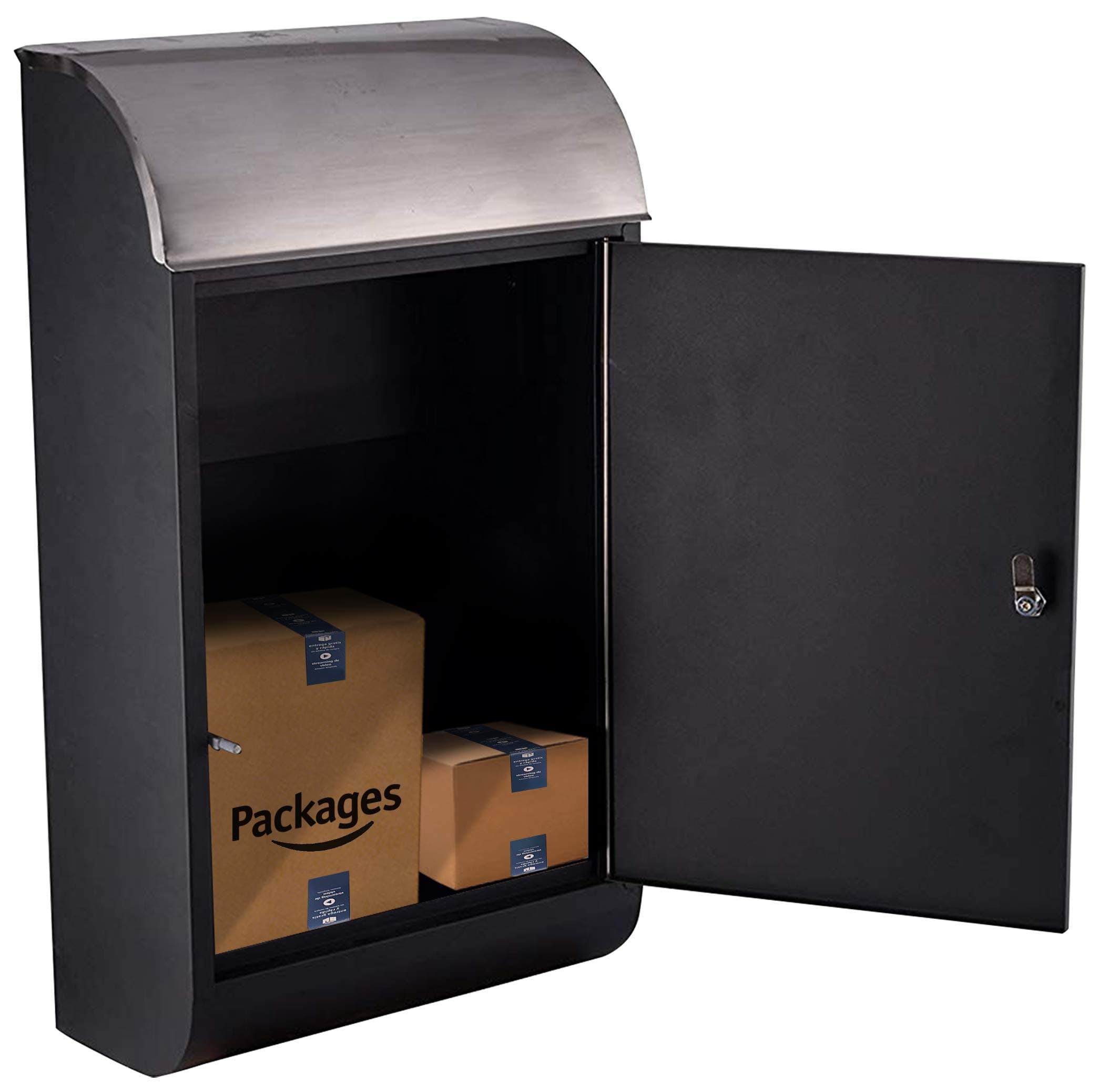 30" Package Box - Huge Locking Modern Mailbox for Large Parcels - Vertical Wall Mount or Freestanding Drop Box Locker - Rust & Weather Proof with Stainless Steel Hood - 2 Spare Keys (Matte)