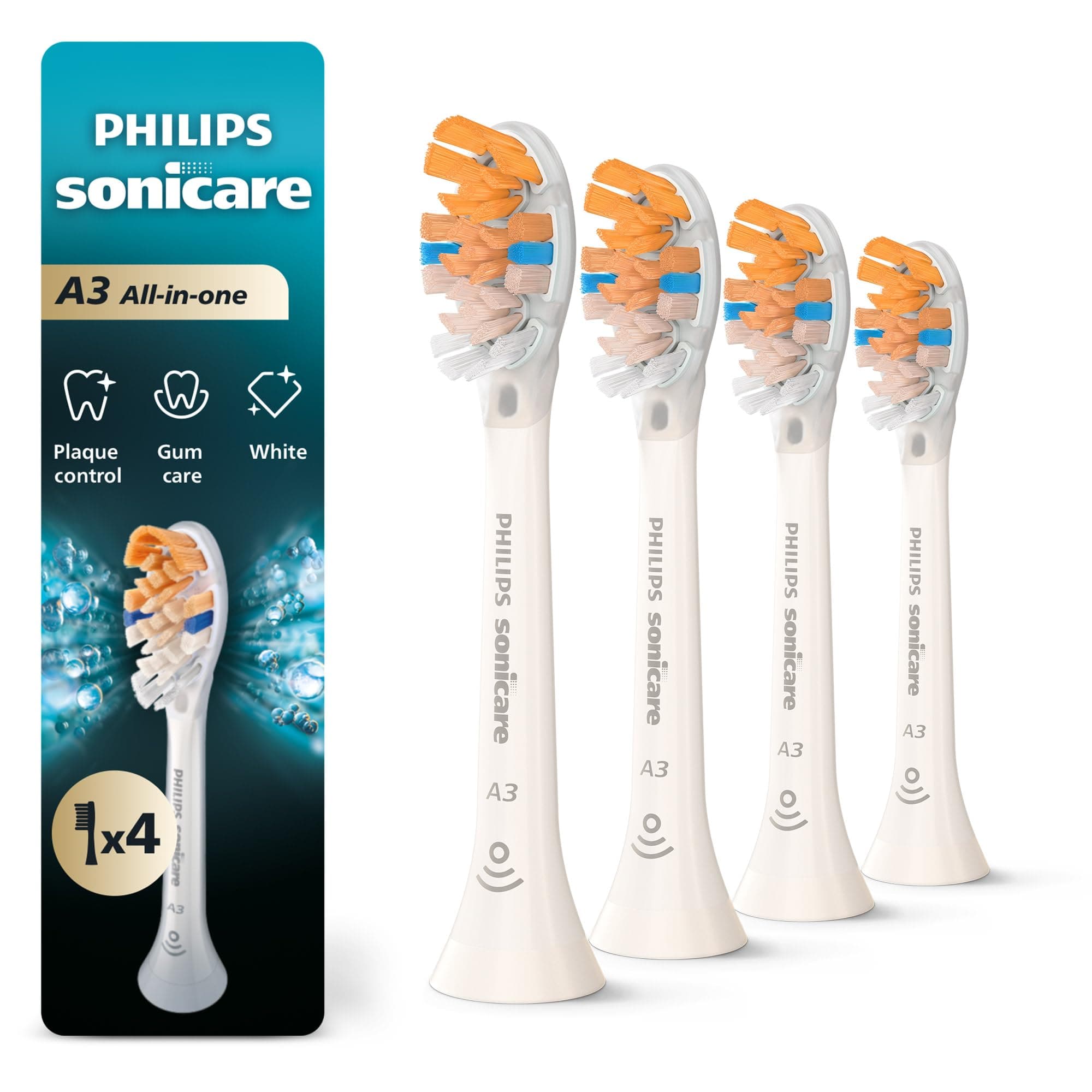 Philips Sonicare A3 All-in-One - Genuine Replacement Electric Toothbrush Heads, White, 4 Pack One Year Supply, HX9094/65