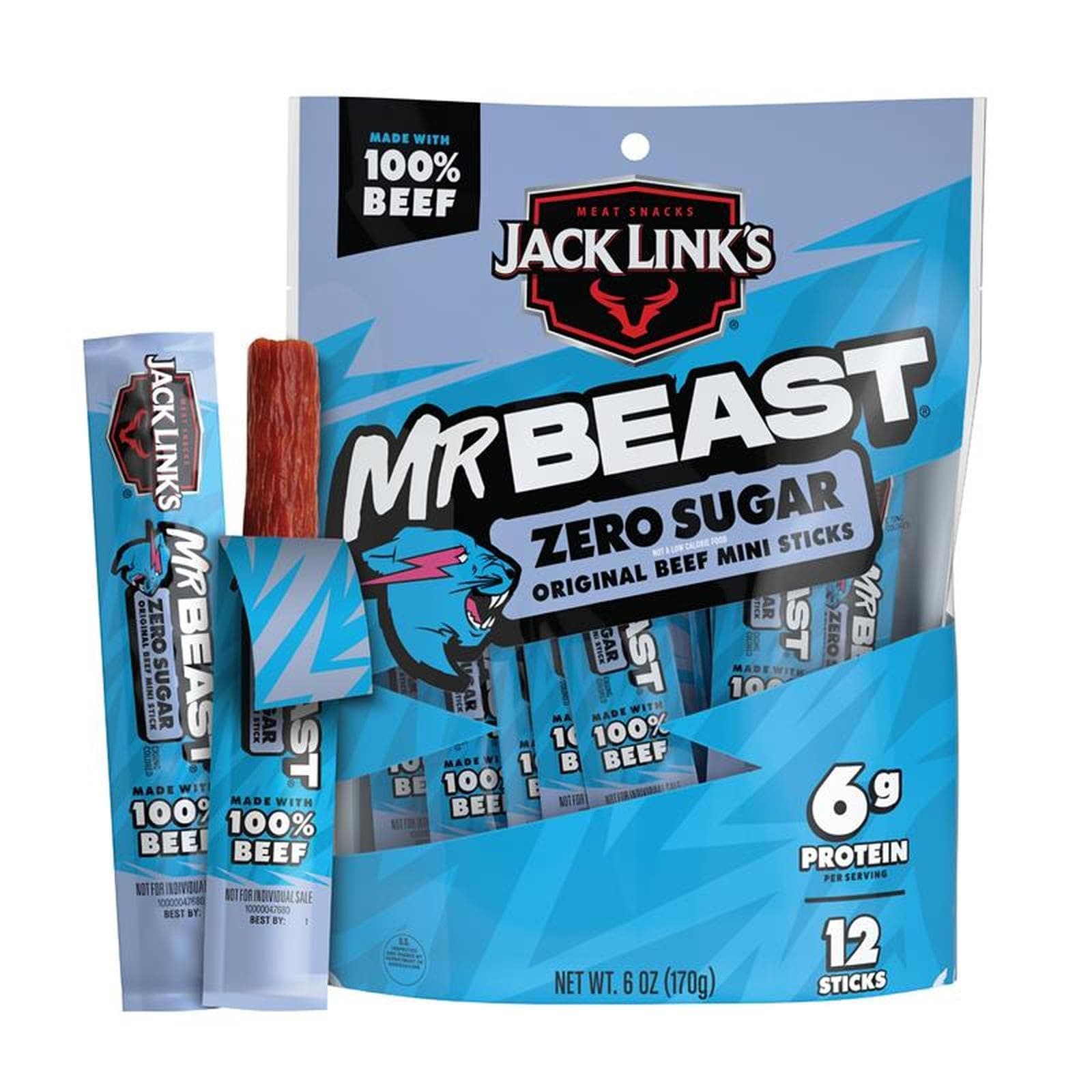 x MrBeast Zero Sugar Original Mini Beef Jerky Sticks - Individually Wrapped Protein Snacks - 6g Protein per Serving - Made with 100% Real Beef - (12 Pack) 0.5 oz Meat Sticks