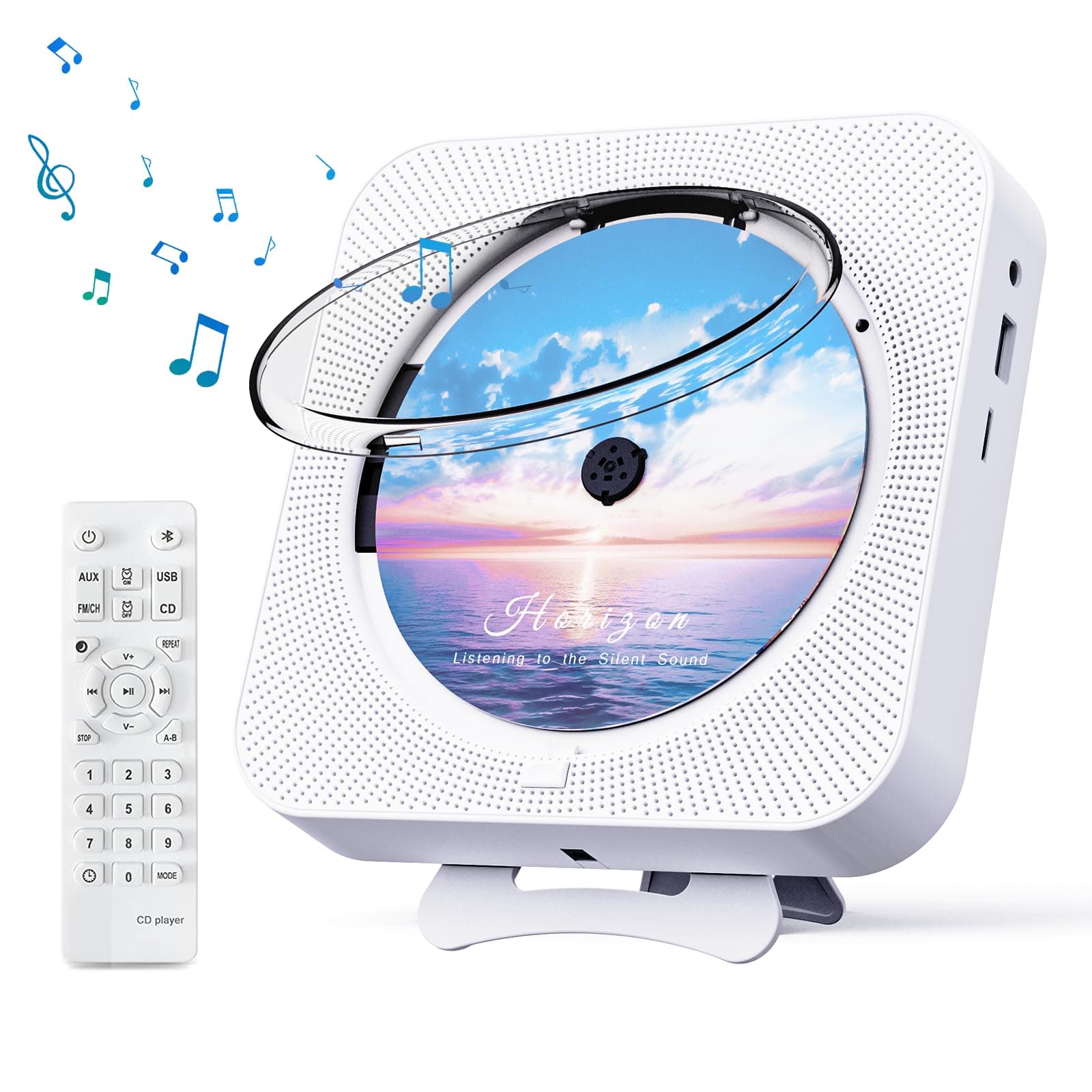 Bluetooth Portable Home CD Music Player with Remote Control, Timer, Built-in Speakers and LED Display - FM Radio Boombox (White)