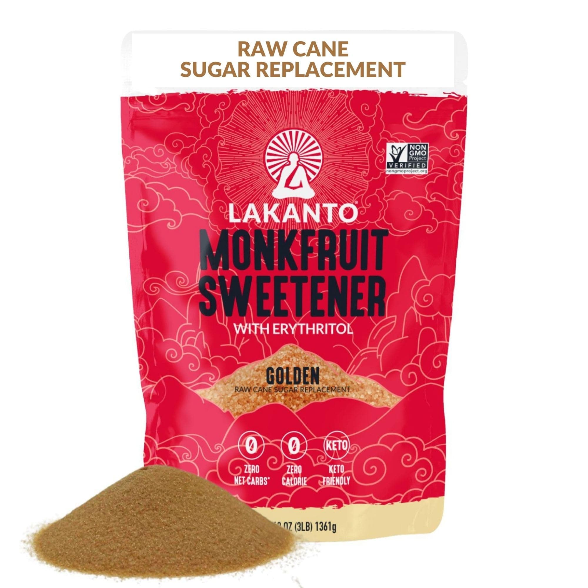 Lakanto Golden Monk Fruit Sweetener With Erythritol, Raw Cane Sugar Substitute From Monk Fruit Extract, Raw Sugar Replacement for Baking, Coffee & Tea, Gluten Free, Low Carb, Non GMO, Keto, 3 LB Bag