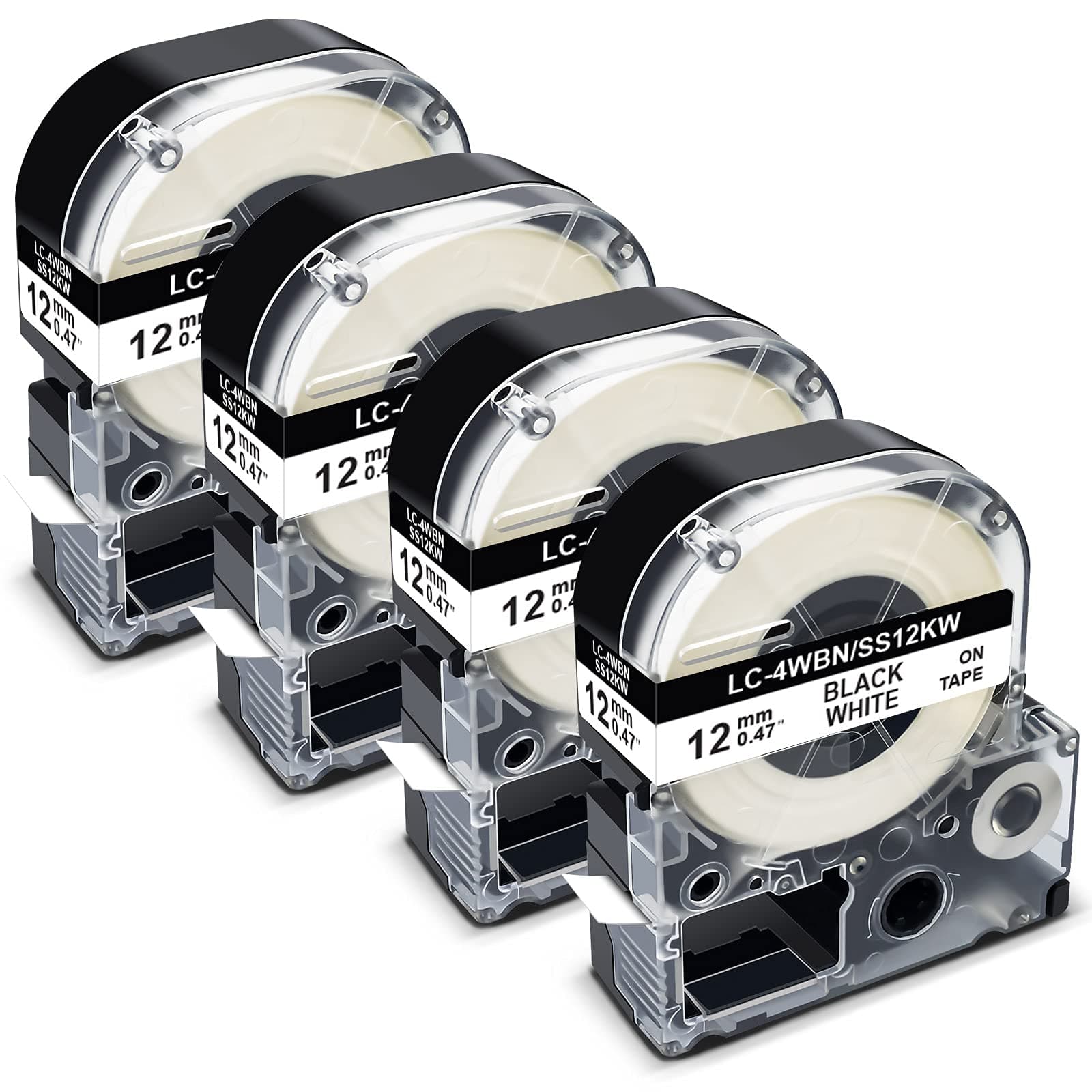 Pristar LK-4WBN Replace for Epson Label Maker Tape LC-4WBN SS12KW 12mm 0.47 Inch Label Tape Refill Compatible for Epson LabelWorks LW300 LW400 LW600P LW700, Black on White, 1/2" x 26', 4-Pack