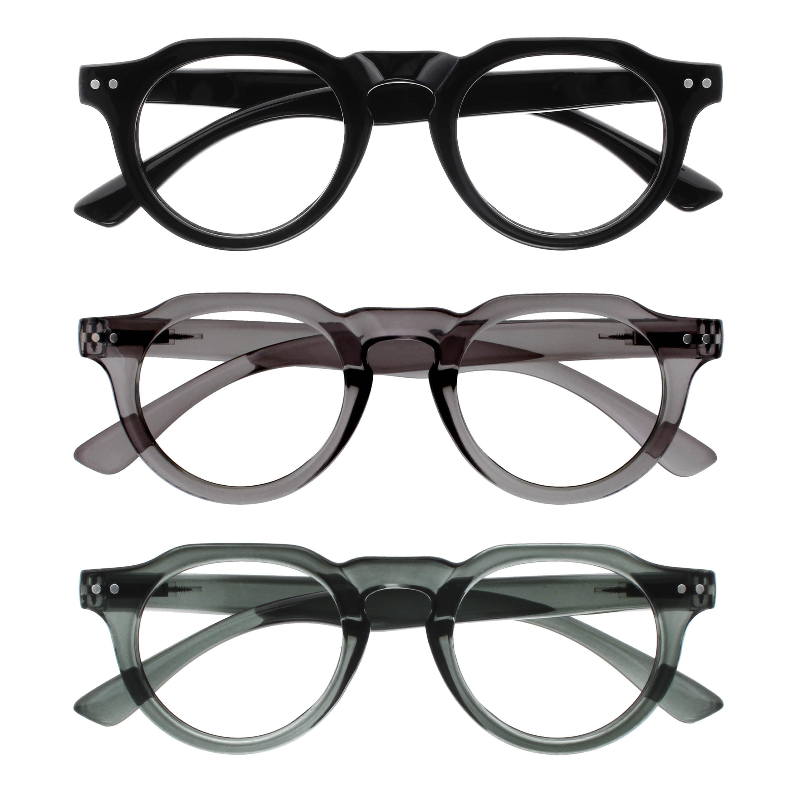 OPULIZE RIO Blue Light Blocking Reading Glasses - 3-Pack - Flat Top Frame - Black, Green, Grey - Mens Womens - Spring Hinges - BBB53-167 - +3.50
