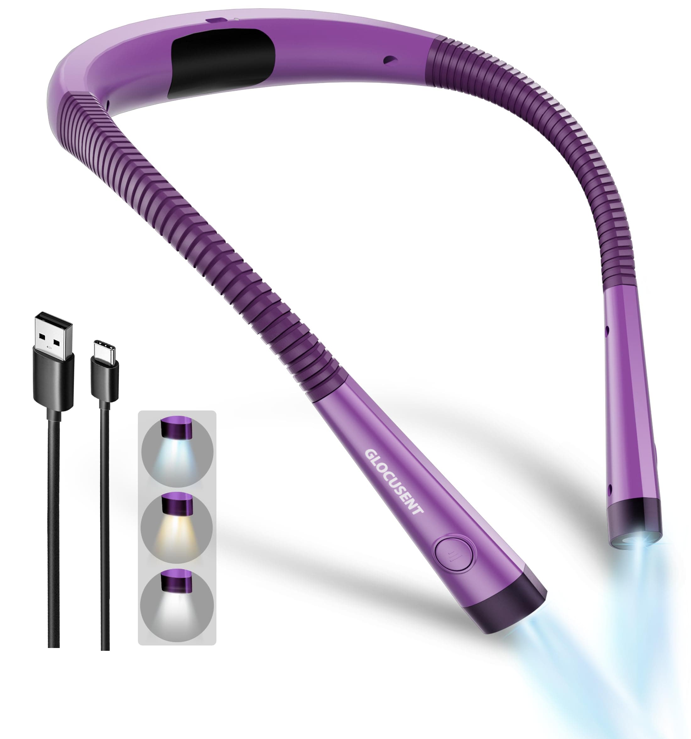Glocusent LED Neck Reading Light, Book Light for Reading in Bed, 3 Colors, 6 Brightness Levels, Bendable Arms, Rechargeable, Long Lasting, Perfect for Reading, Knitting, Camping, Repairing