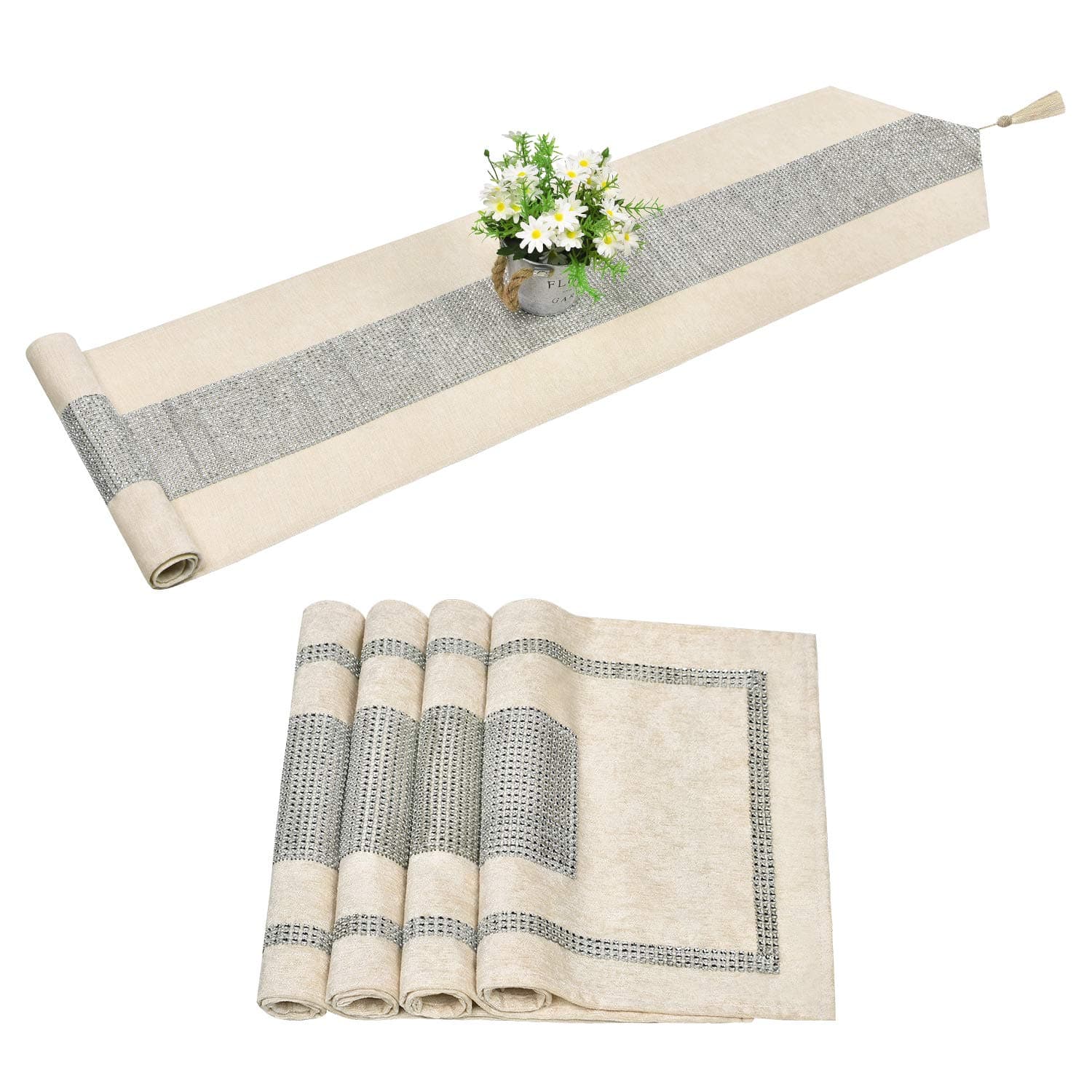 Chenille Table Runner with 4 Placemats, Beige and Silver Table Runner Set with Diamante Strip, Table Mats Set for Living Room, Dresser, Dining Table, Catering Events, Indoor and Outdoor Parties