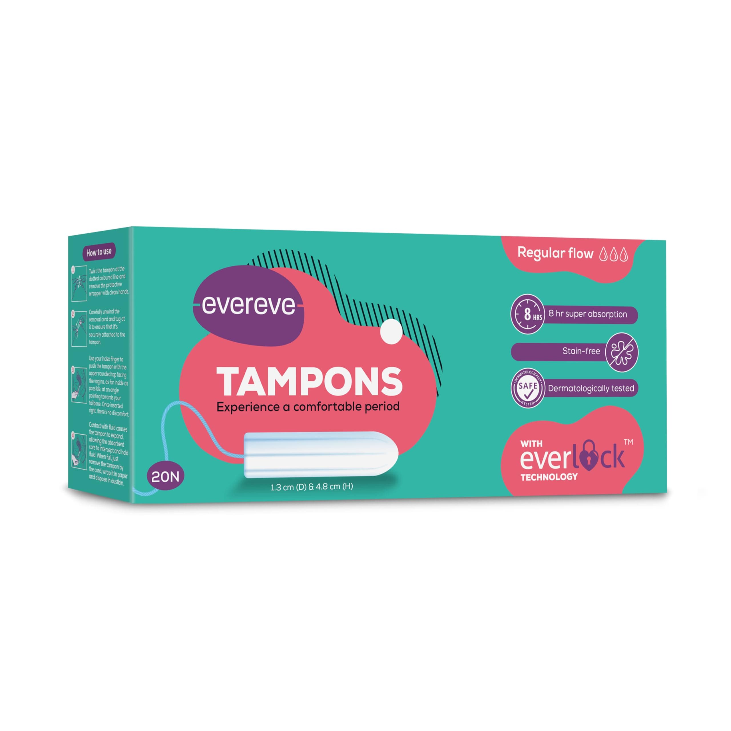 Tampons, For Regular Menstrual flow, 20 pcs, Super absorption, Safe, Soft & Comfortable, Stain-free periods, Rash-free, Prevents odour, FDA approved, Biodegradable