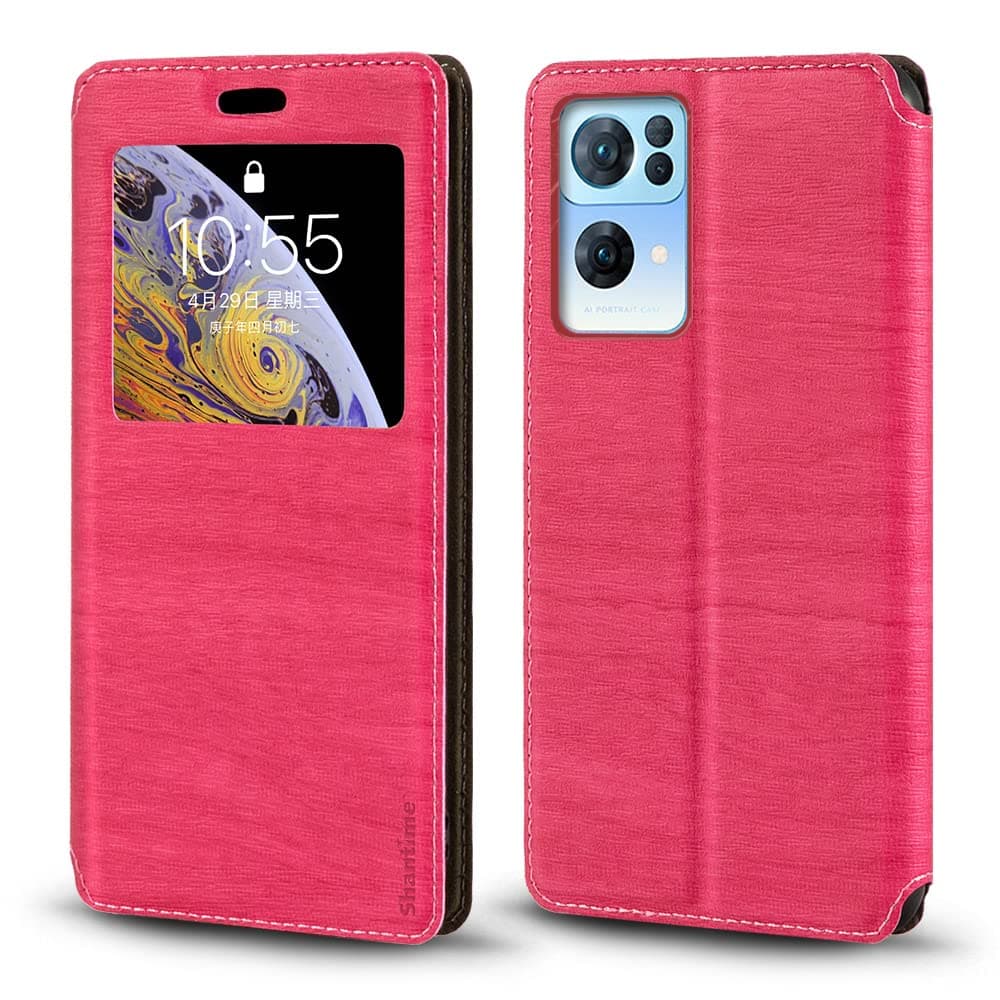 Viewable Window Leather Flip Case Compatible with OPPO Reno 7 Pro 5G, Elegant Design Clear Display Invisible Magnetic Cover and Card Slot(Rosered)
