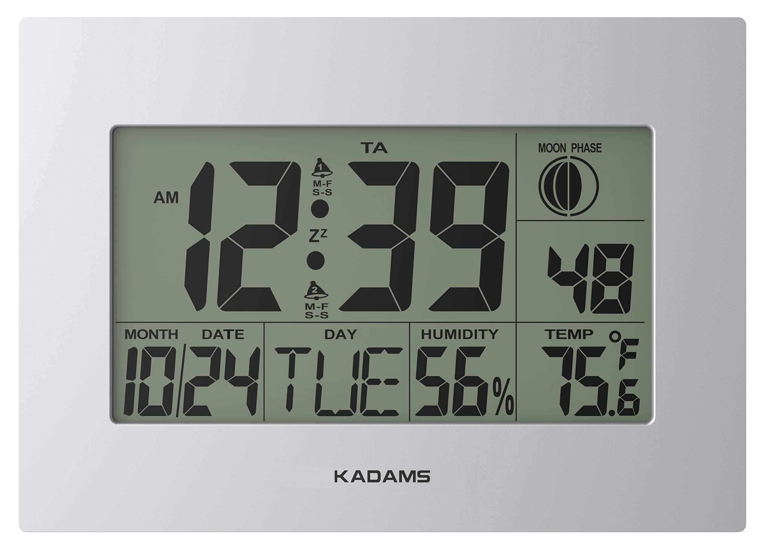 KADAMS Large Digital Wall Clock - Dual Alarm with Snooze Function - Wall Calendar - Moon Phase - Temperature & Humidity Display - Multiple Mounting Options - Battery Operated (Silver)