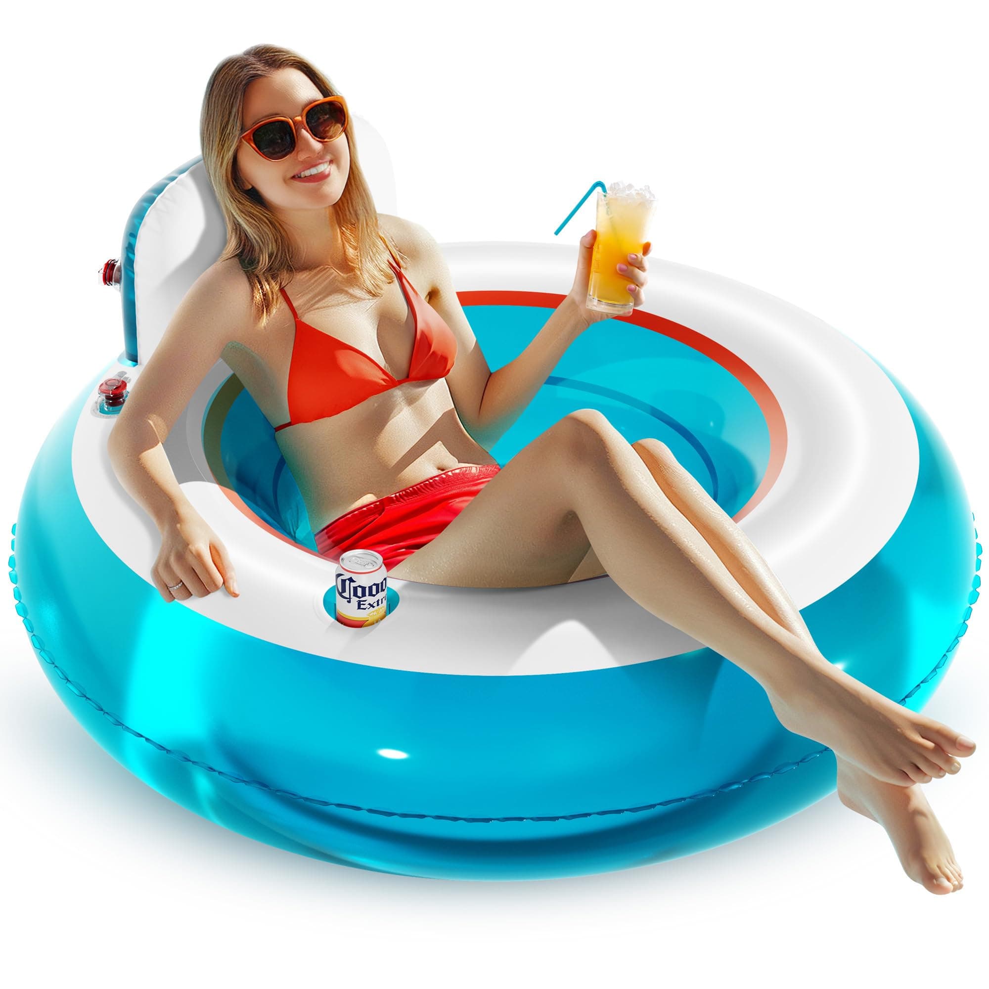 QPAU Inflatable Pool Float | 2 Grip Handles Water Float Chair with Backrest Support | 1 Cup Holder Lounger Float | Cooling Outdoor Inflatable Pool Chair | Summer Water Play Party, Jelly Blue