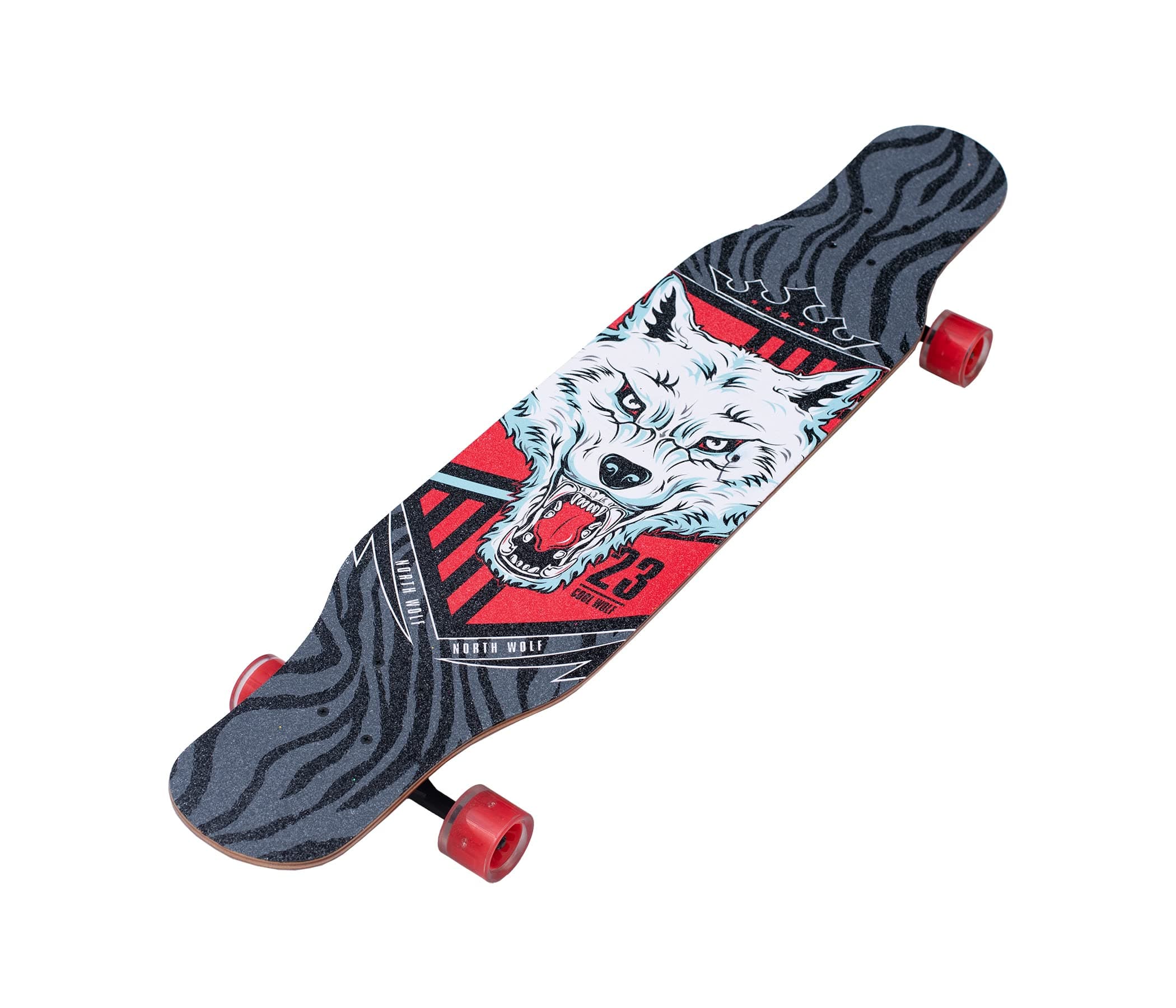 Drop Through Long-Board - Maple Skateboard with Wolf Graphic Design - Complete Skateboard Cruiser for Cruising, Carving, Free-Style and Downhill, 42 Inch x 9.5 Inch (L*W)