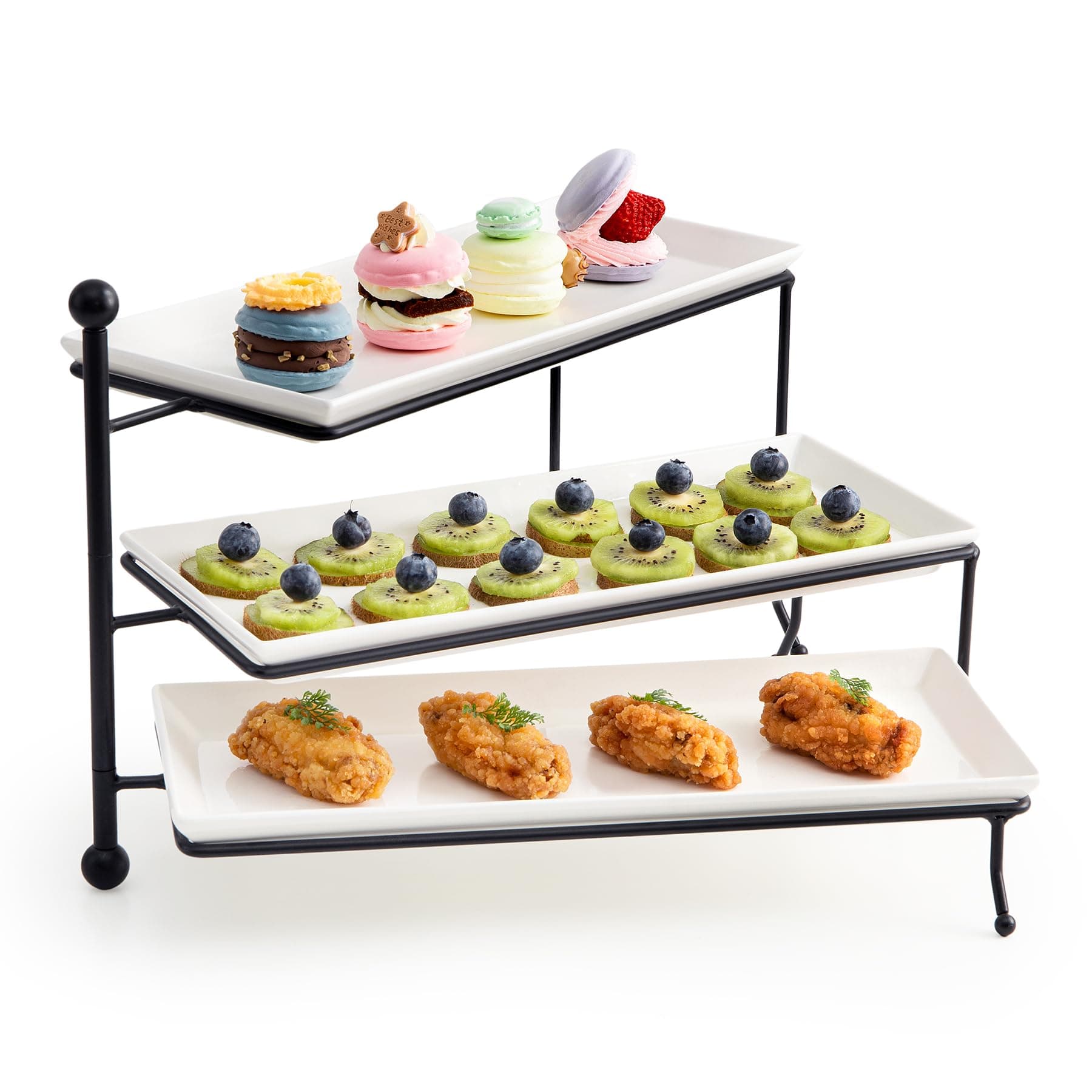 Tiered Serving Stand, Foldable Rectangular Food Display Stand with White Porcelain Platters - Serving Trays, Dessert Display Server for Brithday Party, Valentine's Day and Events, (8541881978)