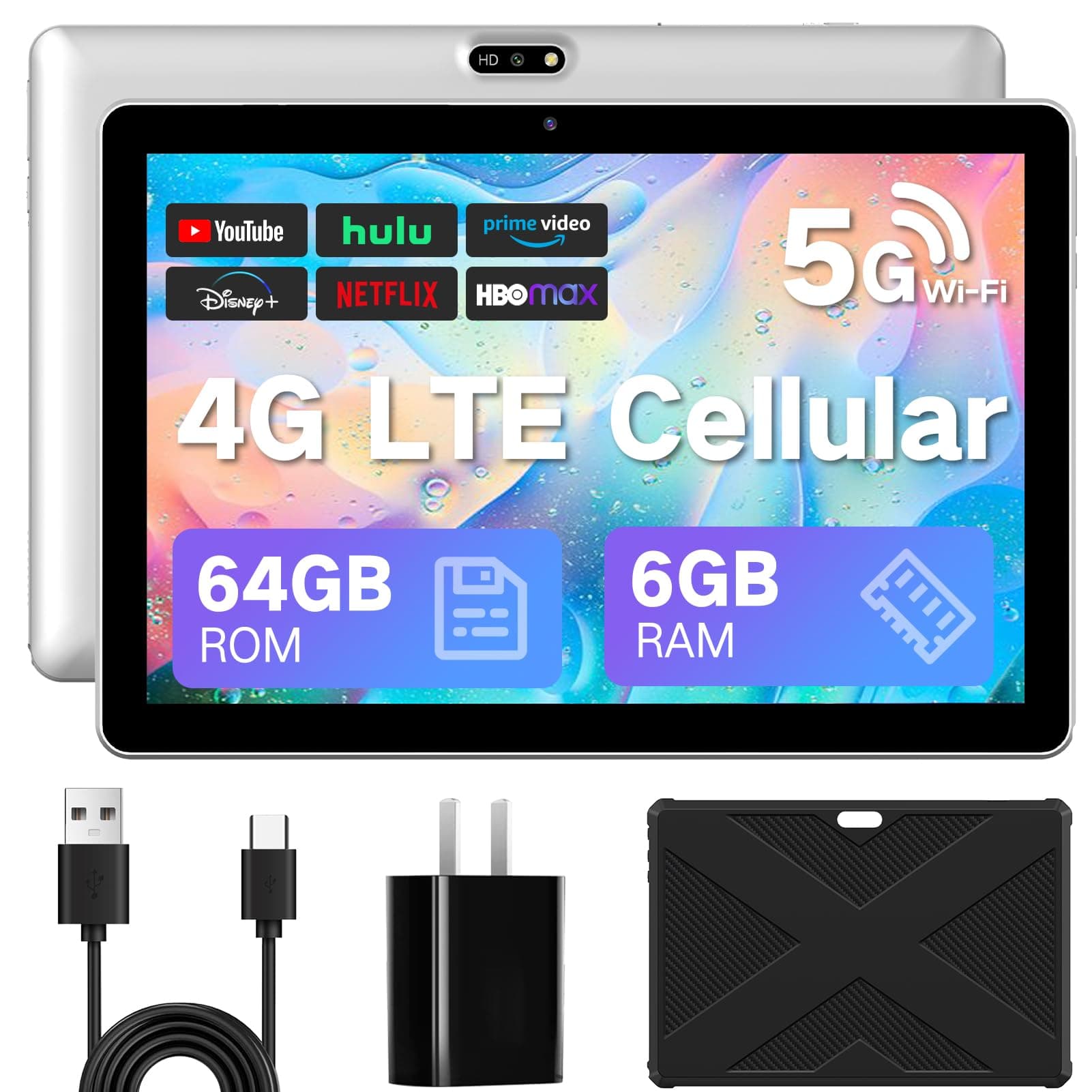 JUNYANG Android 13 Tablet with SIM Card Slot,10.1 Inch Cellular Tablets with Case, 4G LTE Tablet & Phone (Makes Calls), 6GB+64GB, Support 1TB Expand, 5MP+8MP GPS 5G WiFi,Parental Control