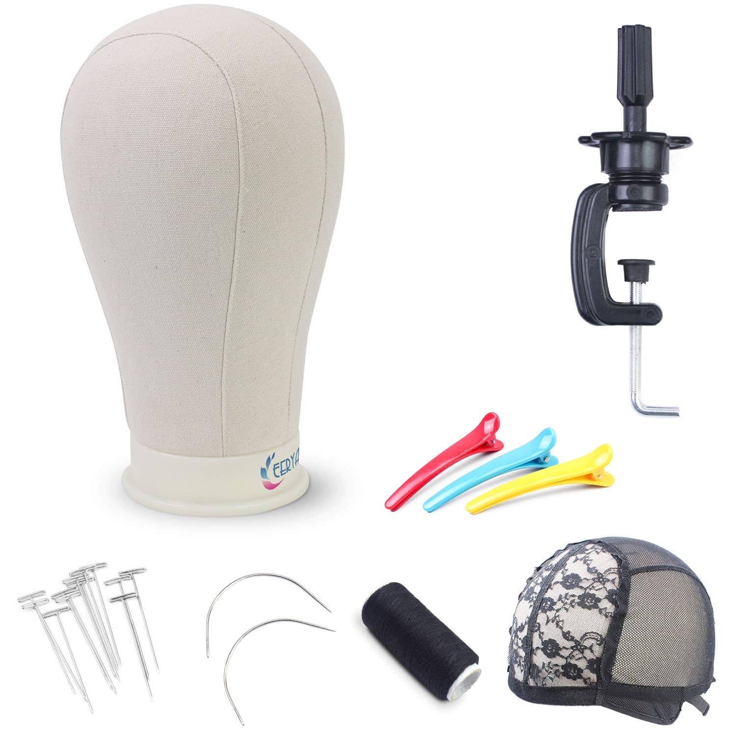 Eerya 21-24Inch Canvas Block Head Set for Wig Display Making Hair Weave and Styling Mannequin Head with Mount Hole (Canvas head + 10PCS T-pins + Head Stand 23.5 inch)