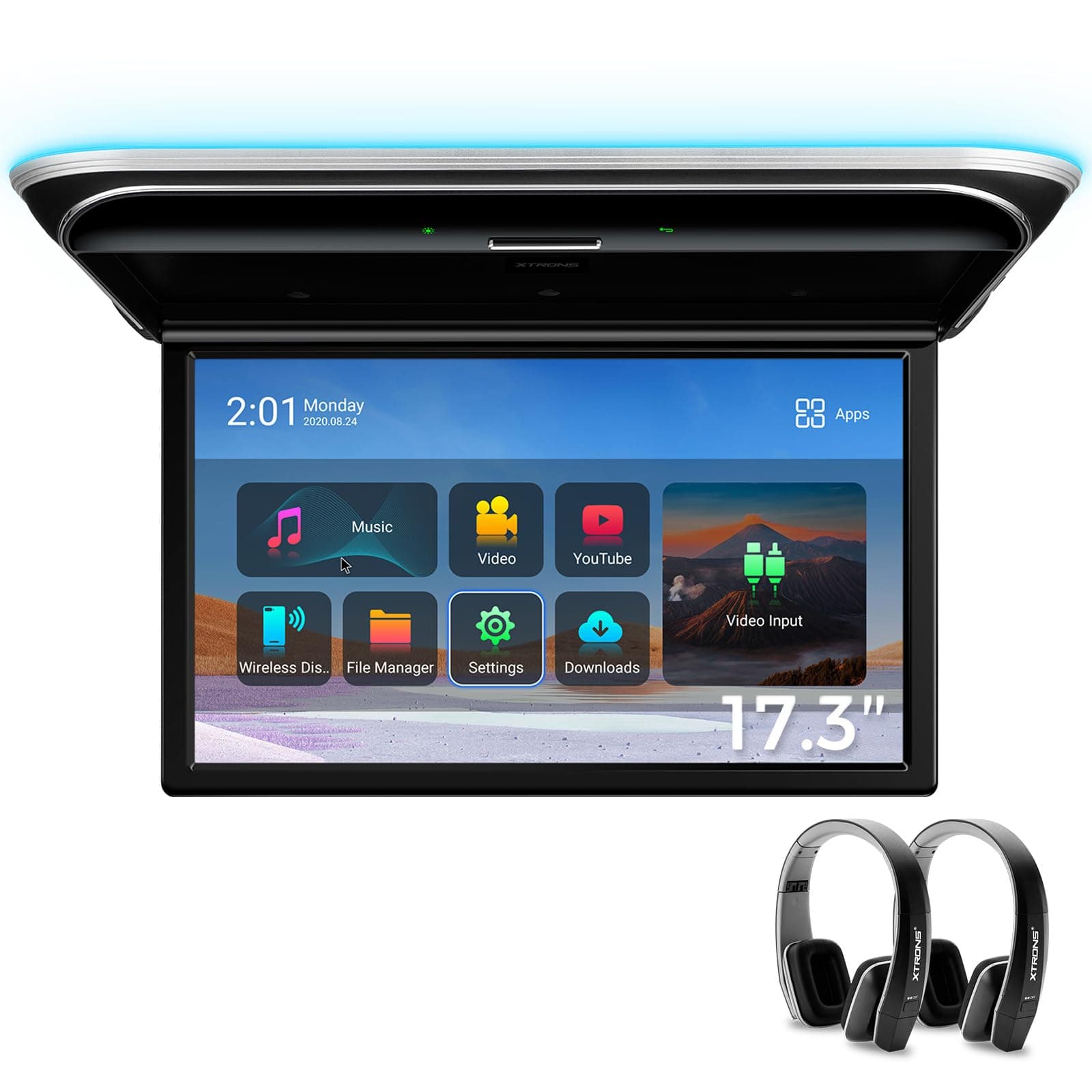 XTRONS Android Car Overhead Player 17.3 Inch Wide IPS Screen 8K Video Car Roof Mount Monitor Built-in Stereo Speakers Flip Down Overhead Car Monitor Support HDMI, USB, 2 Black IR Headphones Included