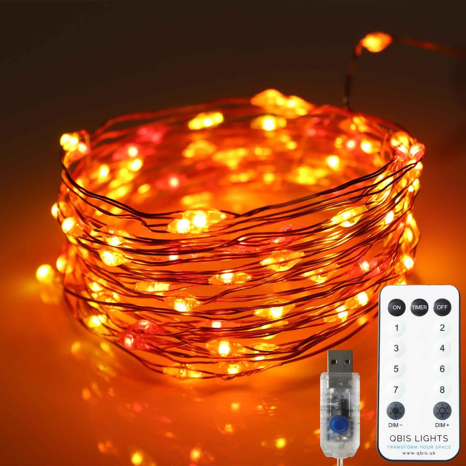 Qbis Fairy Lights, 100 Micro LED String Lights, Remote Control, USB Plug, Timer, Multi Function, Adjust Brightness, Micro LED String Lights (Sunset (Red, Orange, Yellow))