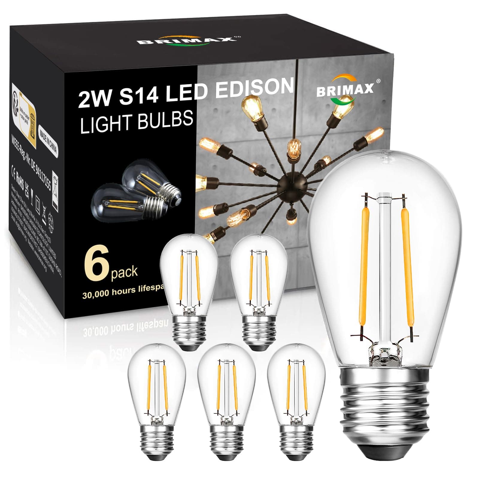 BRIMAX 6 Pack 2W LED Light Bulbs,Equivalent to 15W-20W,Low Watt Small S14 Replacement Bulbs for Outdoor String Lights and Sputnik Chandelier,Shatterproof,120V,2700K,E26 Base (3.35″ H × 1.77″ W)