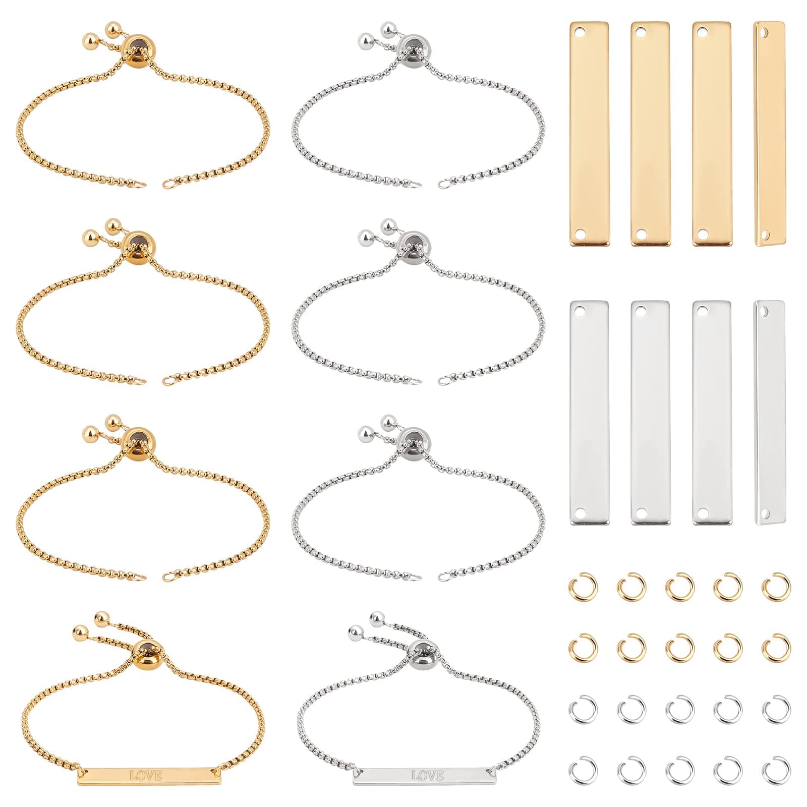 UNICRAFTALE 2 Colors 8Set Engravable Bracelets DIY Kit Including Rectangle Engravable Blank Tags Links Connectors 24cm 304 Stainless Steel Slider Bracelet 4mm Open Jump Rings for Bracelets Making