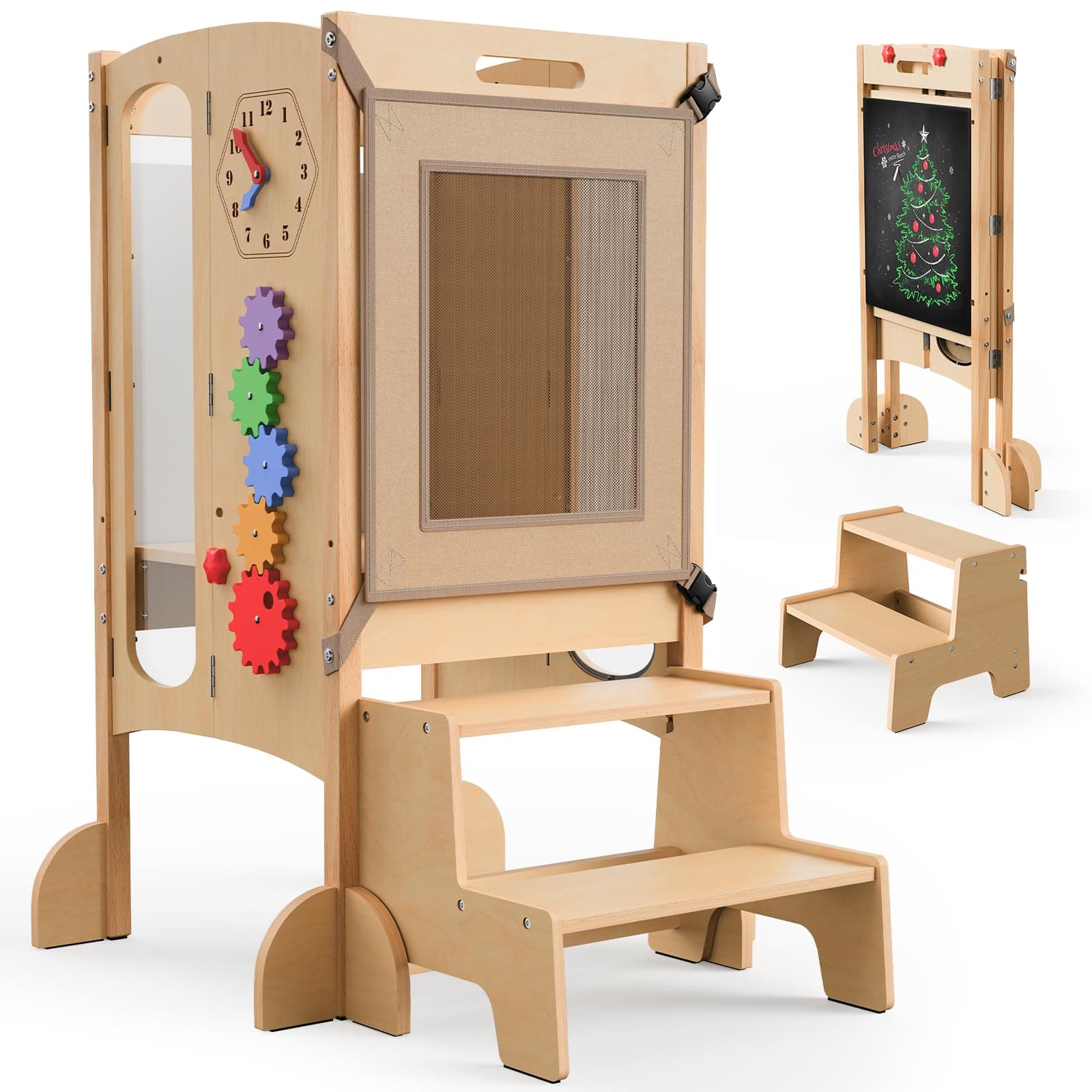 Toddler Tower Foldable Toddler Kitchen Stool Helper with 2 Step Stool, Safety Net, Adjustable Height, Chalk-Whiteboard& Montessori Activity