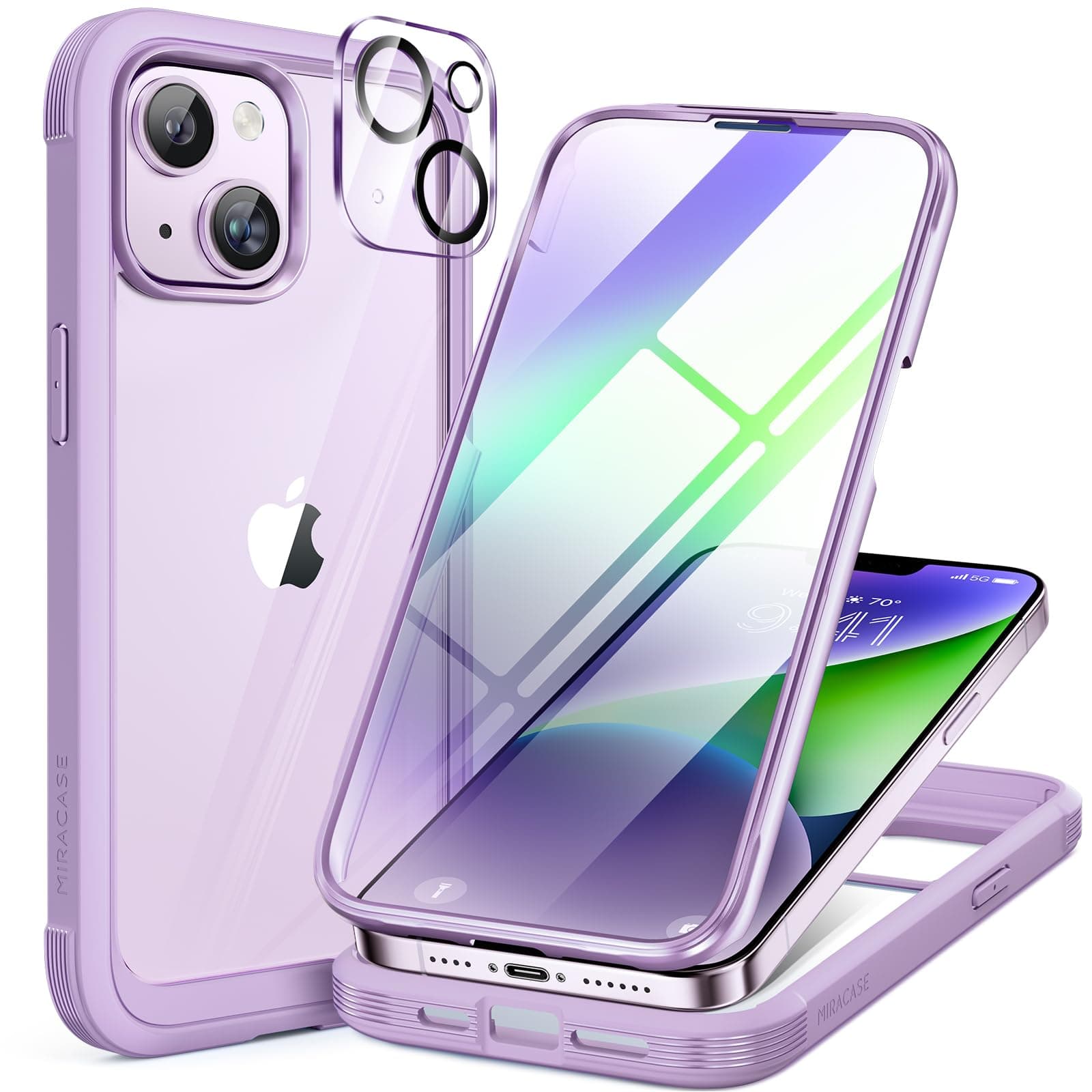 Miracase Compatible with iPhone 14 Plus Case 6.7 inch, Built-in Glass Screen Protector + 2 Camera Lens Protector, 2023 Upgrade Full Body Rubber Bumper Clear Back Case Cover (Light Purple)