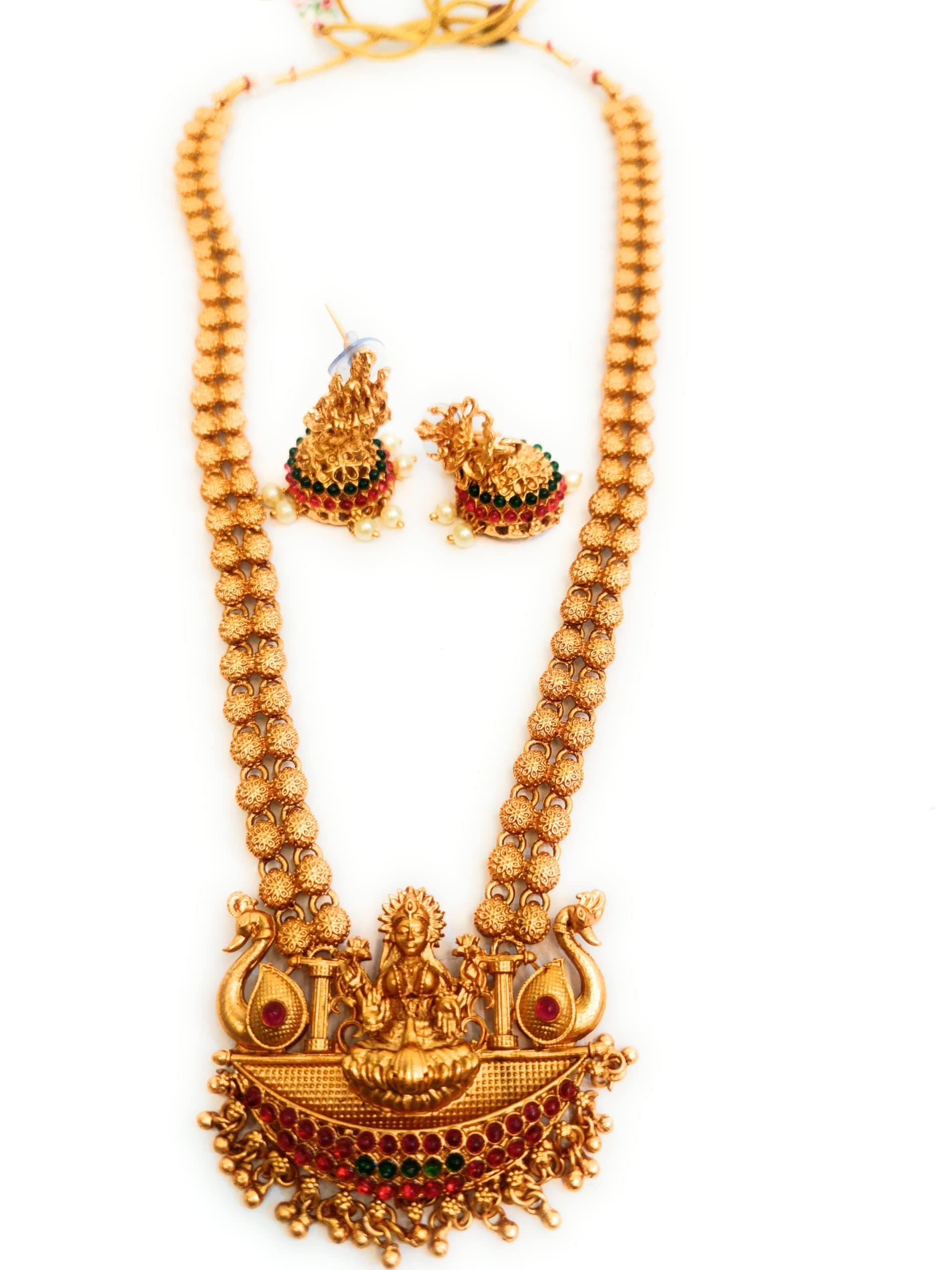 Adyashree EmporiumLaxmi Long Design pattern Ruby & Emerald, pearl based Gold plated south Indian Wedding Traditional temple jewellery set. Latest fashion Jewellery for Girls & Women.