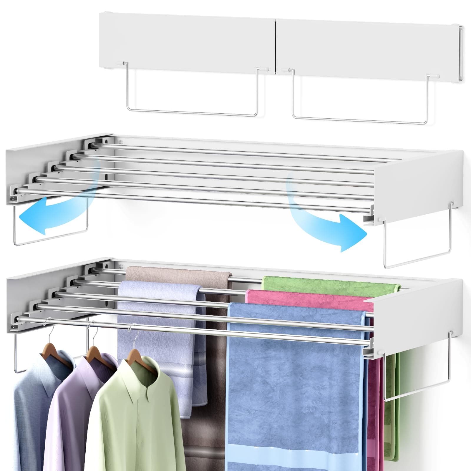 Wall Mounted Drying Rack, Laundry Clothes Drying Rack Foldable, Collapsible Hanger Clothing Wall Mount with 2 Towel Handles and Wall Template for Indoor Outdoor Hanging Clothes, 5 Rods, 31.5 Inch