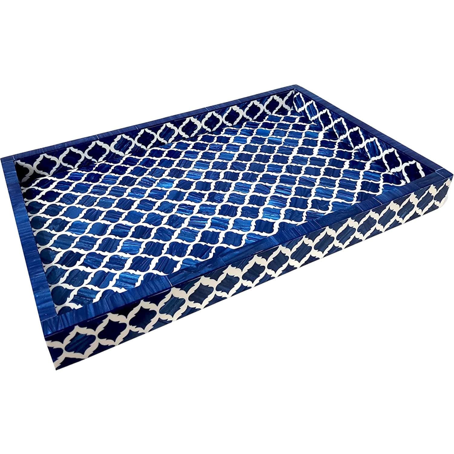 - Handmade Blue White Bone Inlay Serving Tray Moroccan Damask Rectangular Wooden Platter for Dining Decor Breakfast Cheese Board Vanity Organizer