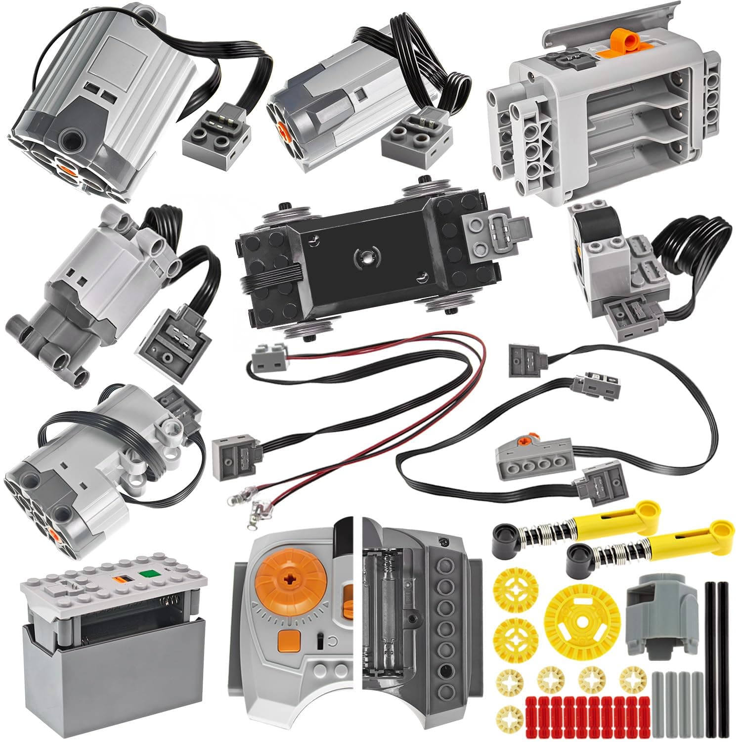 45pcs Power Function Technic Parts Kit:M Motor, L Motor, XL Motor, Train Motor, Servo Motor, AA Battery Box, AAA Battery Box, Power Function Light, Extension Wire, Control Switch, IR Receiver,