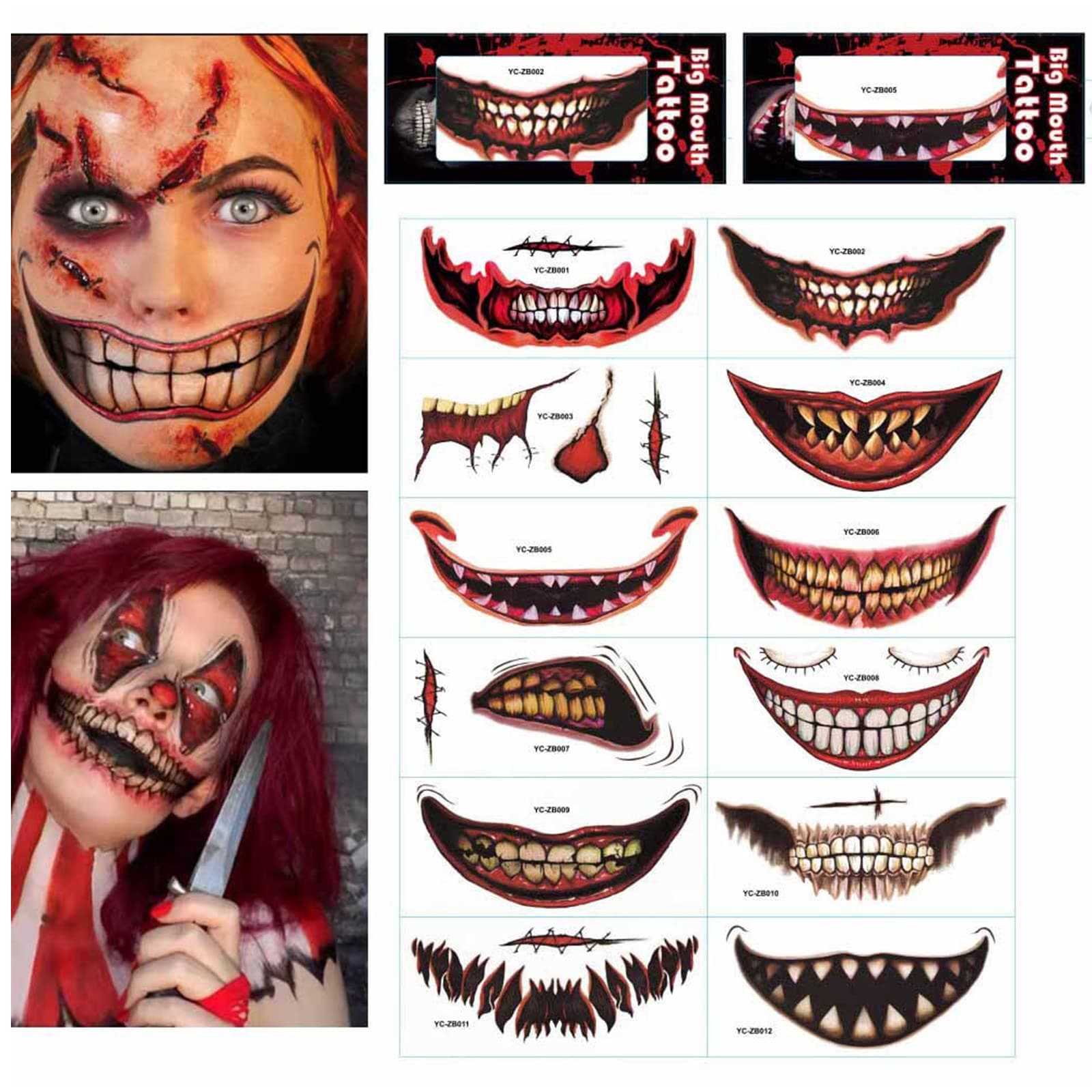 12Pcs Halloween Prank Make up Temporary Tattoos,Halloween Makeup Cosplay Clown Horror Mouth Face Tattoos Smiling Lip Joker Tattoo Prank Makeup Props Face Stickers for Adults Kids