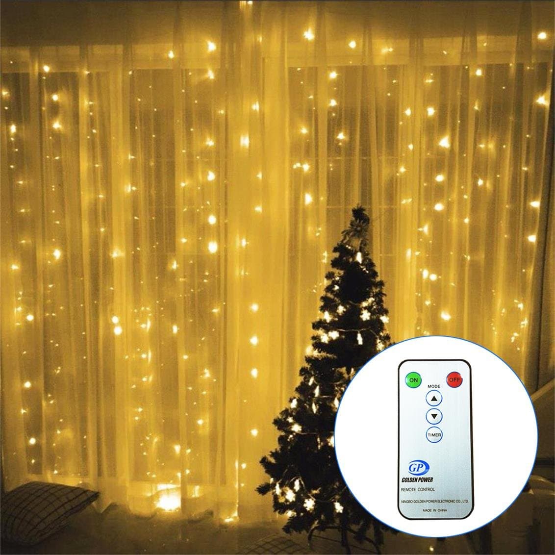 3M*3M/9.8ft*9.8ft Curtain String Lights with Remote Control LED String Fairy Light Window Icicle Backdrop Lights for Bedroom, Wedding, Party, Room, Garden Christmas (Warm White) [Energy Class A+++]