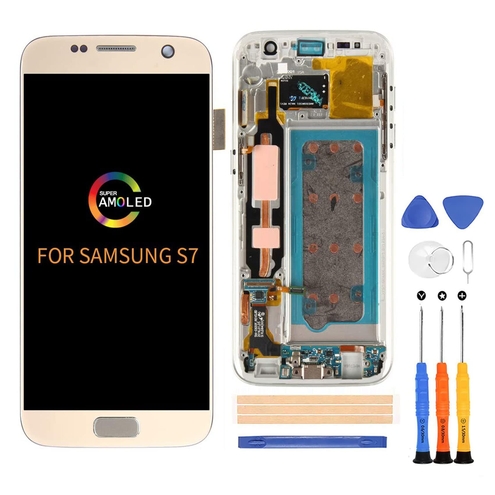 A-MIND OLED Screen Replacement Include Frame for Samsung Galaxy S7 G930 (Not for S7 Edge) 5.1inch Touch Digitizer LCD Display Assembly Repair Kits,with Screen Protector+Tools (Gold not Original)
