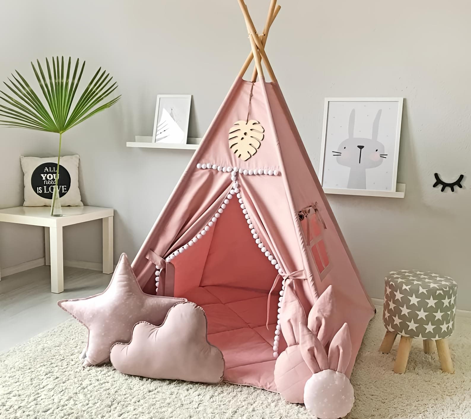RONGFA Kids Teepee Tent with White Pom Pom - Indoor Play Teepee for Children Boys Portable Play House (Pink)