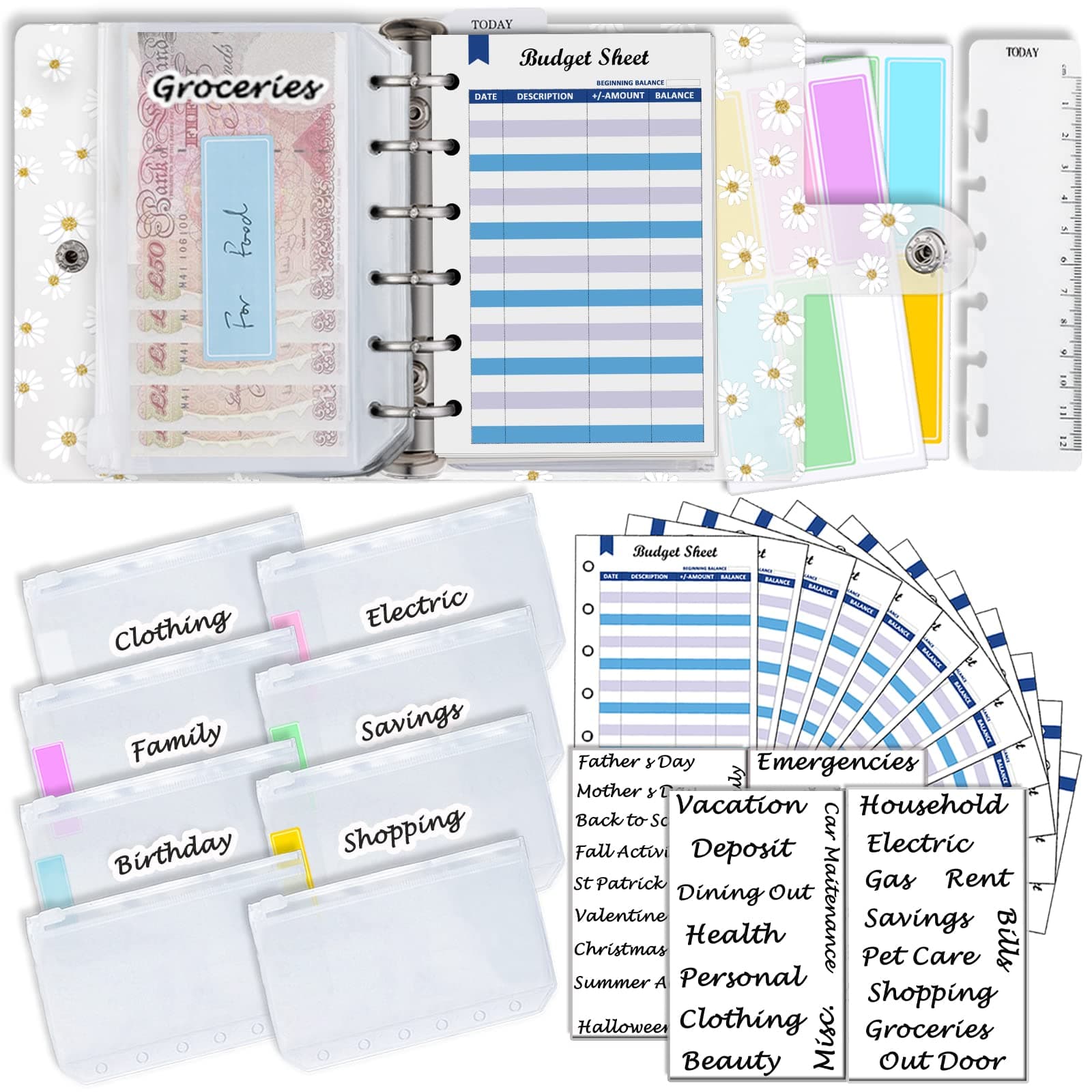 Harphia A7 Binder Soft PVC with Daisy 6-Ring Mini Binder 5.39x4.33", with Mini Binder Pockets x8 Zipper, Budget Sheets x12, Cash Envelope Sticker x42, Label Sticker x12, NPNB-139F-A7